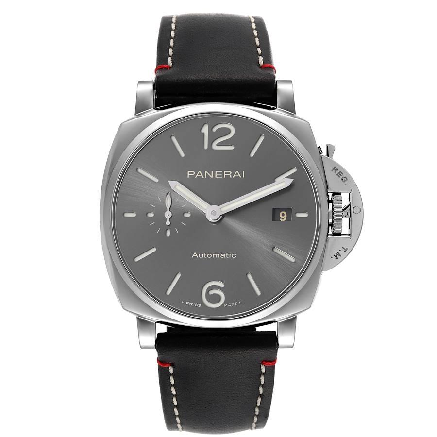 Panerai Luminor Due Lucern and Zurich LE 42mm Mens Watch PAM01083 Box Card. Automatic self-winding movement. Two part cushion shaped polished steel case case 42.0 mm in diameter. Polished steel sloped bezel. Scratch resistant sapphire crystal.