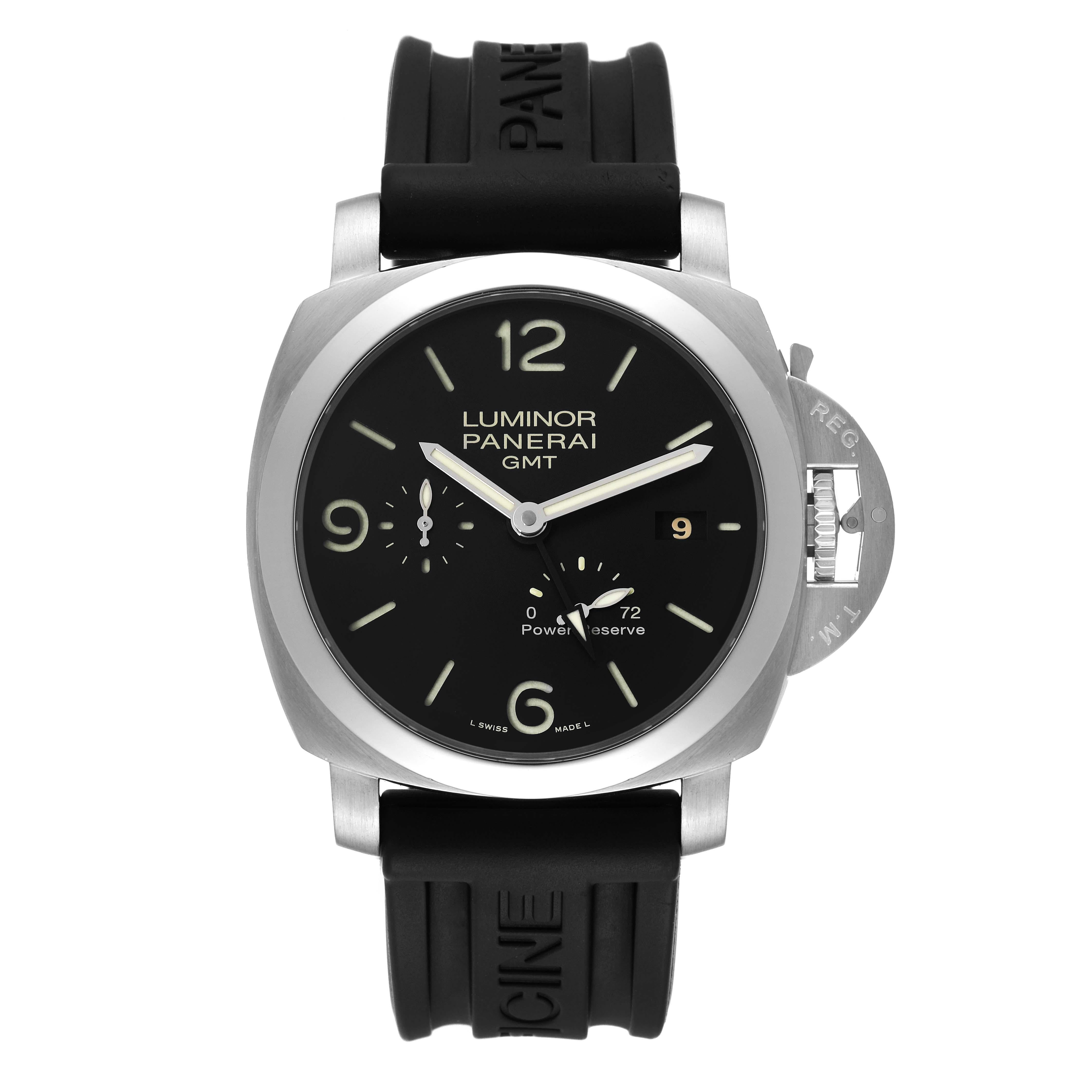 Panerai Luminor GMT 1950 3 Days Power Reserve Steel Mens Watch PAM00321. Automatic self-winding movement. Two part cushion shaped stainless steel case 44.0 mm in diameter. Panerai patented crown protector. Transparent exhibition sapphire crystal