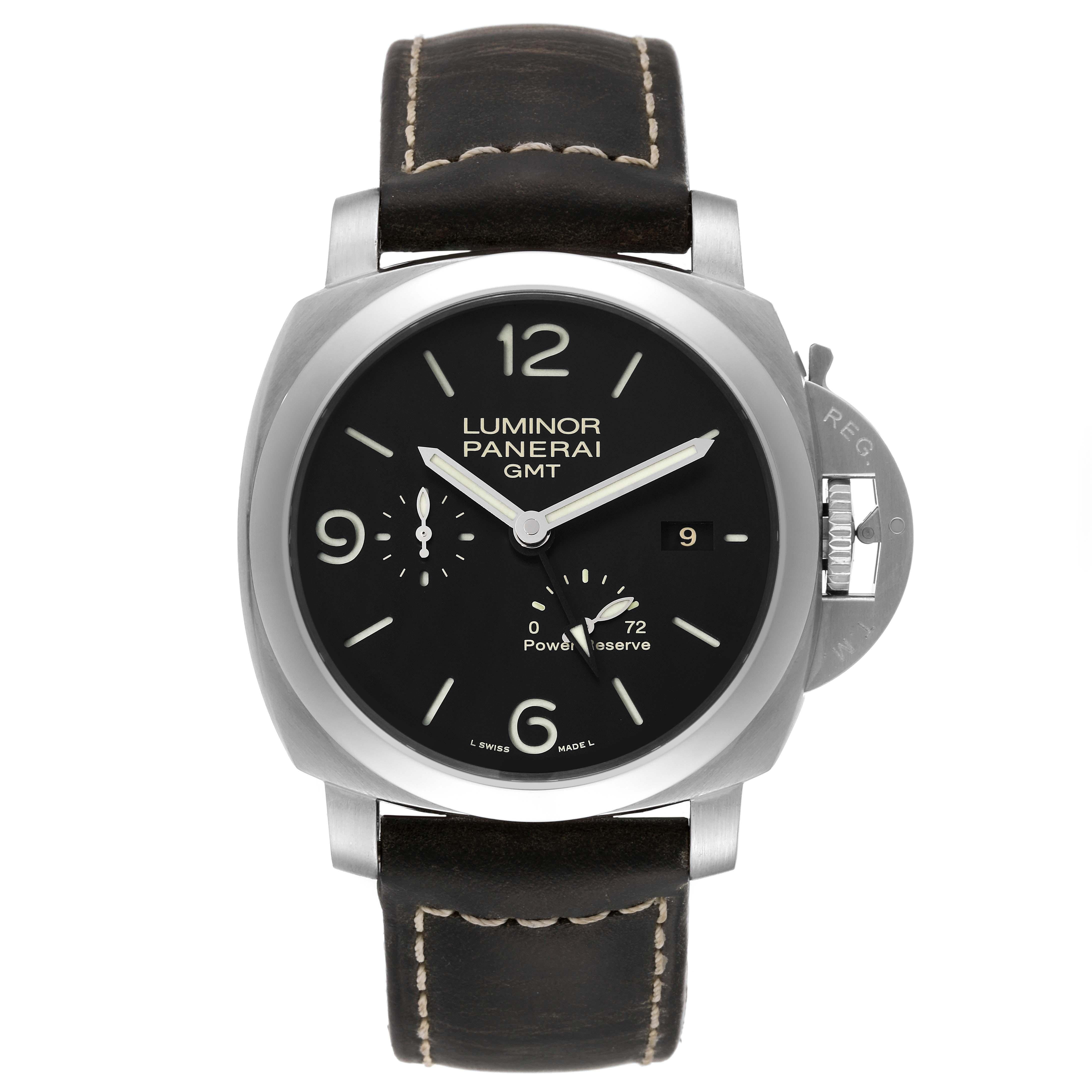 Panerai Luminor GMT 1950 3 Days Power Reserve Steel Mens Watch PAM00321. Automatic self-winding movement. Two part cushion shaped stainless steel case 44.0 mm in diameter. Panerai patented crown protector. Transparent exhibition sapphire crystal