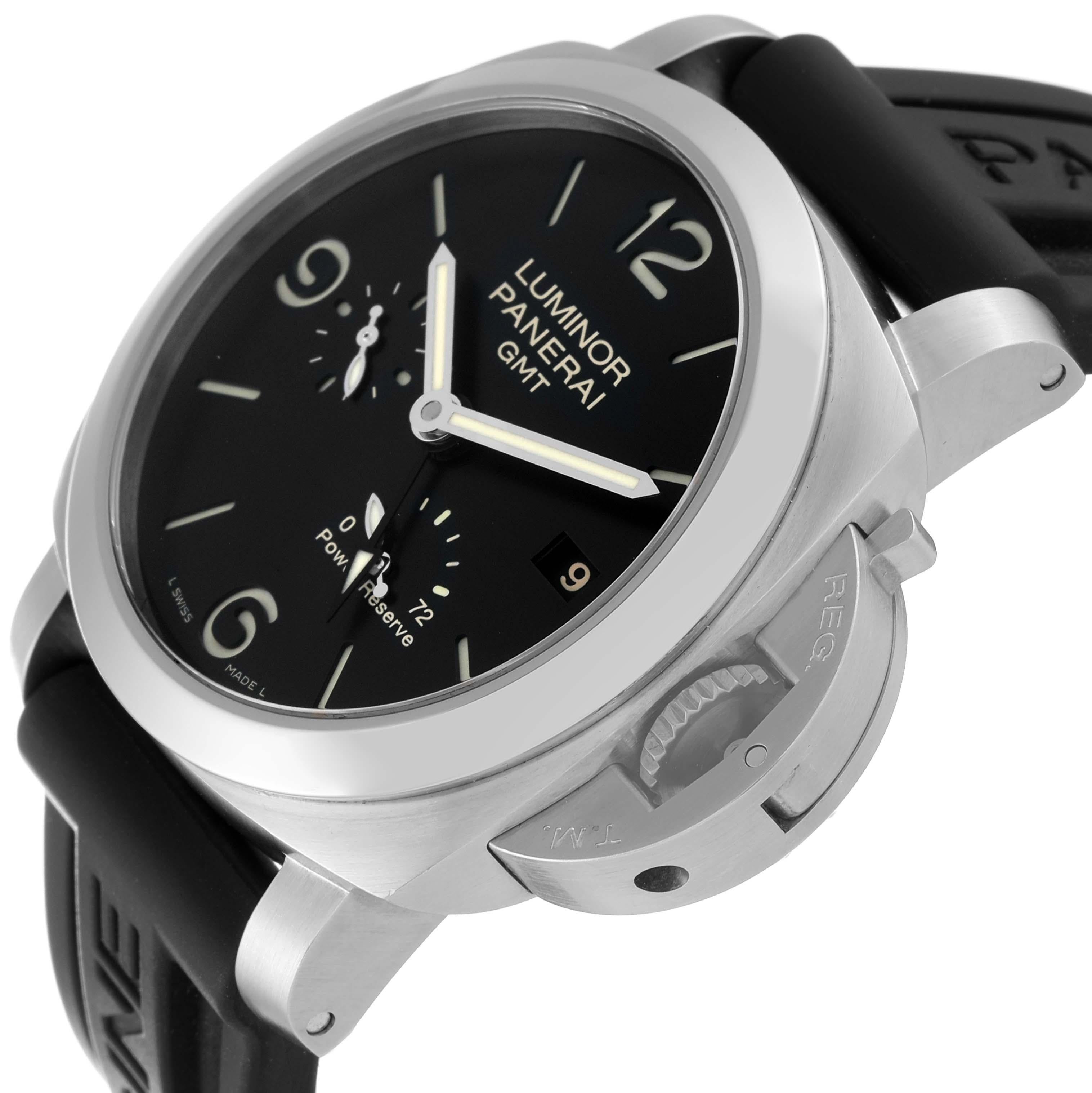 Panerai Luminor GMT 1950 3 Days Power Reserve Steel Watch PAM00321 Box Papers In Excellent Condition For Sale In Atlanta, GA