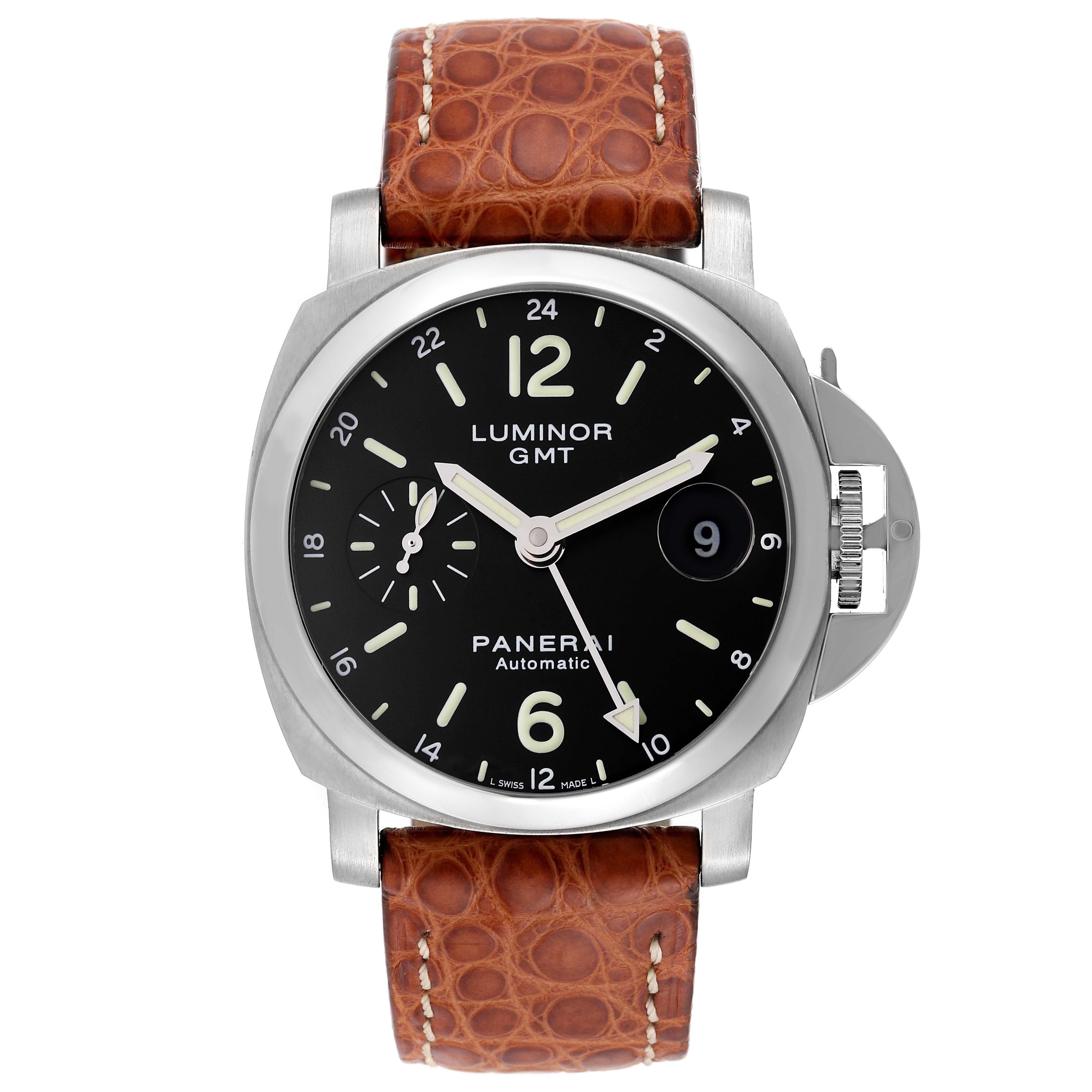 Panerai Luminor GMT 40mm Black Dial Steel Mens Watch PAM00244 Box Card. Automatic self-winding movement. Caliber OP VIII. Two part cushion shaped stainless steel case 40.0 mm in diameter. Panerai patented crown protector. Polished stainless steel