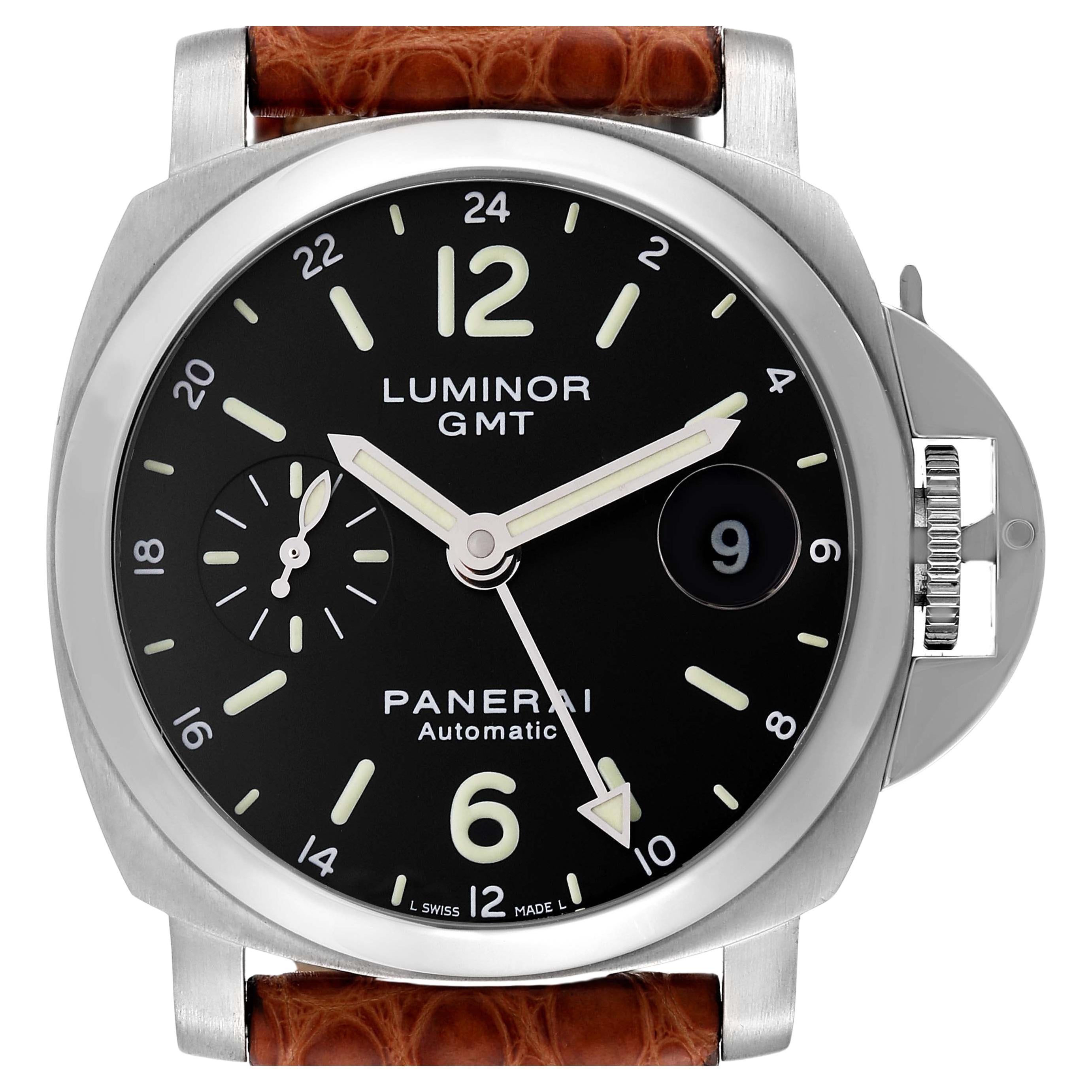 Panerai Luminor GMT 40mm Black Dial Steel Mens Watch PAM00244 Box Card