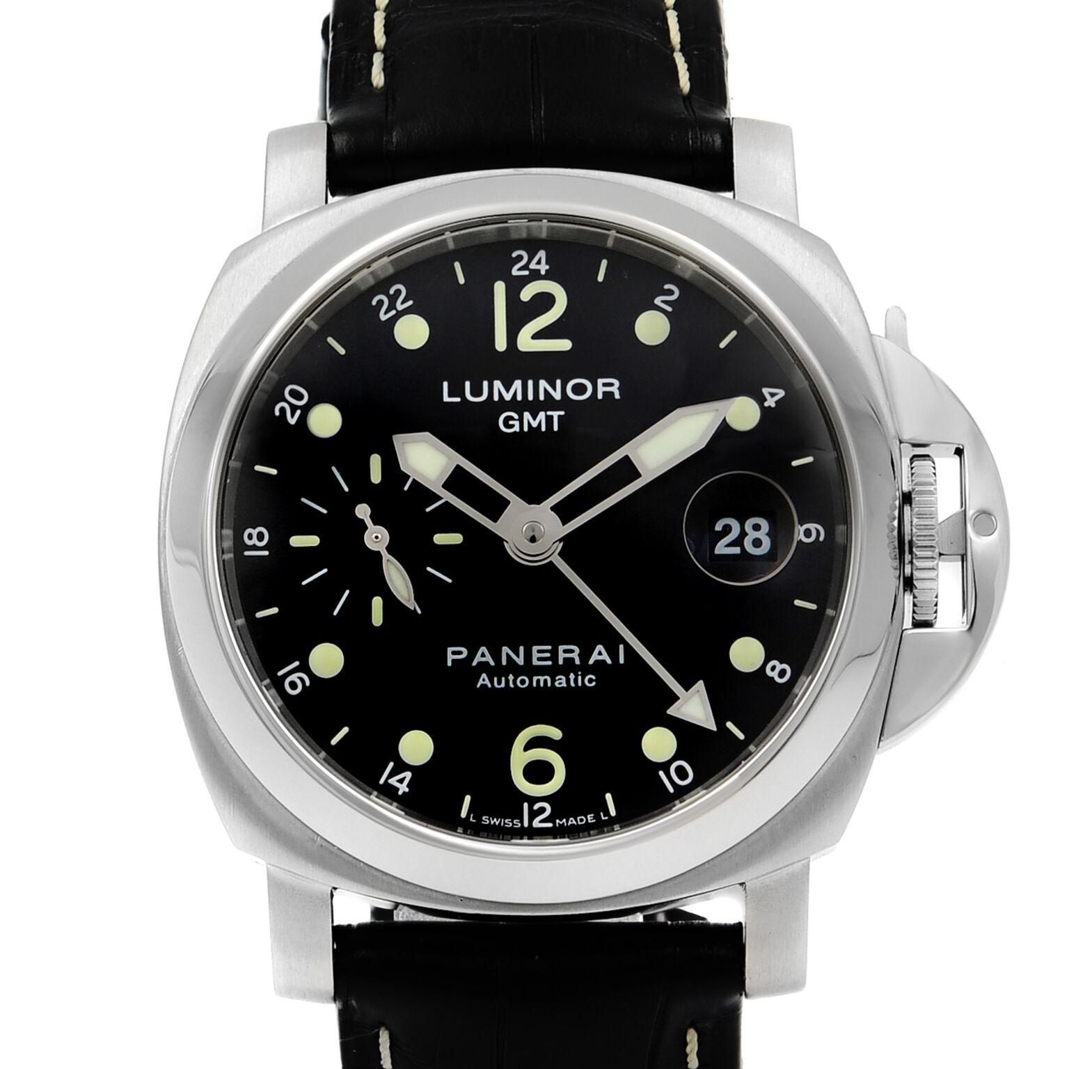 This pre-owned Panerai Luminor PAM00159 is a beautiful men's timepiece that is powered by mechanical (automatic) movement which is cased in a stainless steel case. It has a round shape face, gmt, date indicator, small seconds subdial dial and has