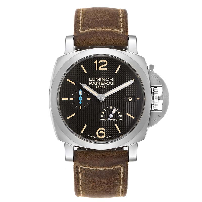 Panerai Luminor GMT 42mm 3 Days Power Reserve Watch PAM01537. Automatic self-winding movement. Stainless steel cushion shaped case 42 mm in diameter. Panerai patented crown protector. Exhibition sapphire crystal caseback. Stainless steel sloped