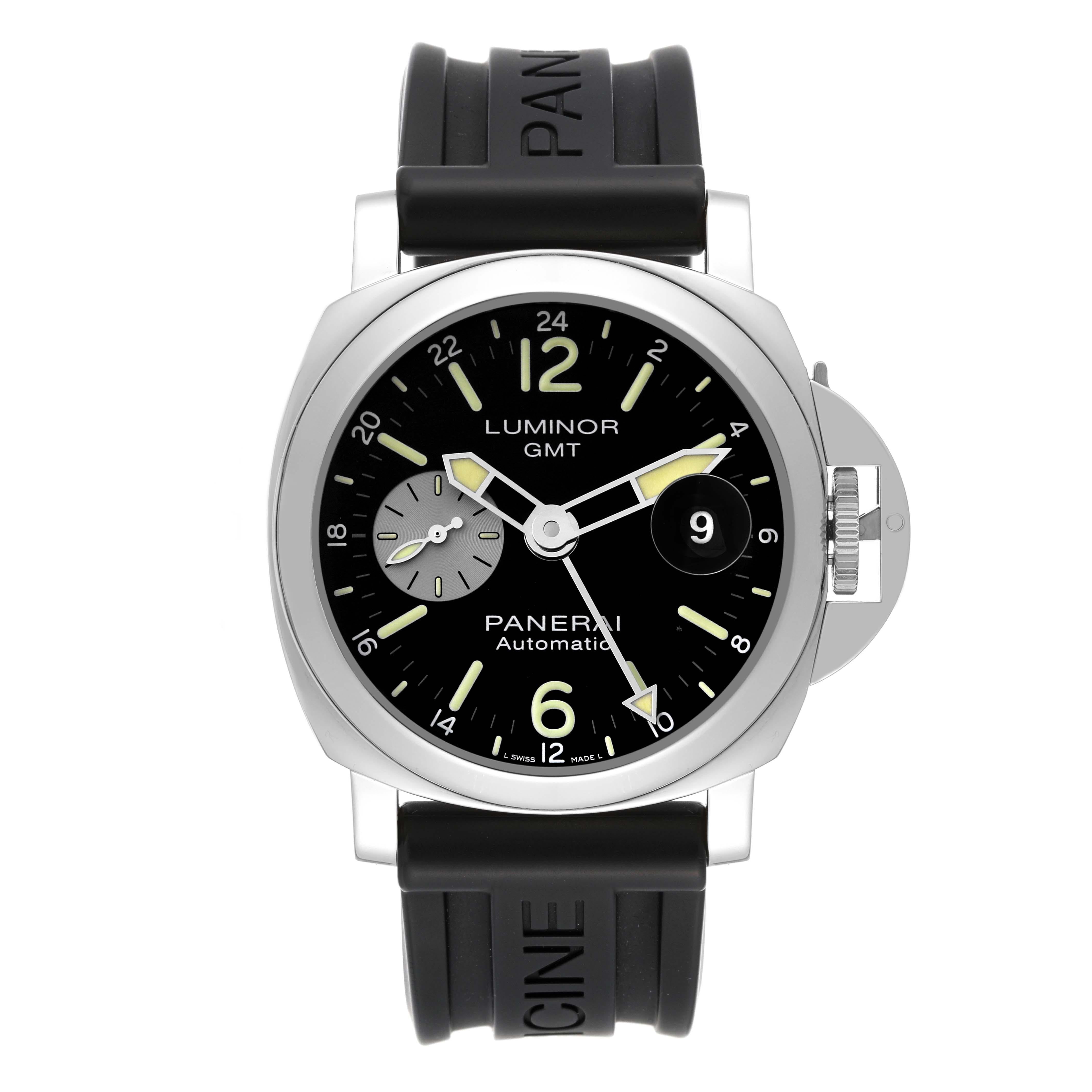 Panerai Luminor GMT 44mm Automatic Steel Mens Watch PAM01088 Box Card. Automatic self-winding movement. Stainless steel cushion case 44 mm in diameter. Panerai patented crown protector. Stainless steel sloped bezel. Scratch resistant sapphire