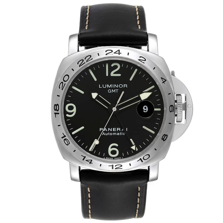 Panerai Luminor GMT 44mm Black Dial Mens Watch PAM00023 Box Card. Automatic self-winding movement. Two part cushion shaped stainless steel case 44.0 mm in diameter. Polished Panerai patented crown protector. Stainless steel bezel with GMT scale.