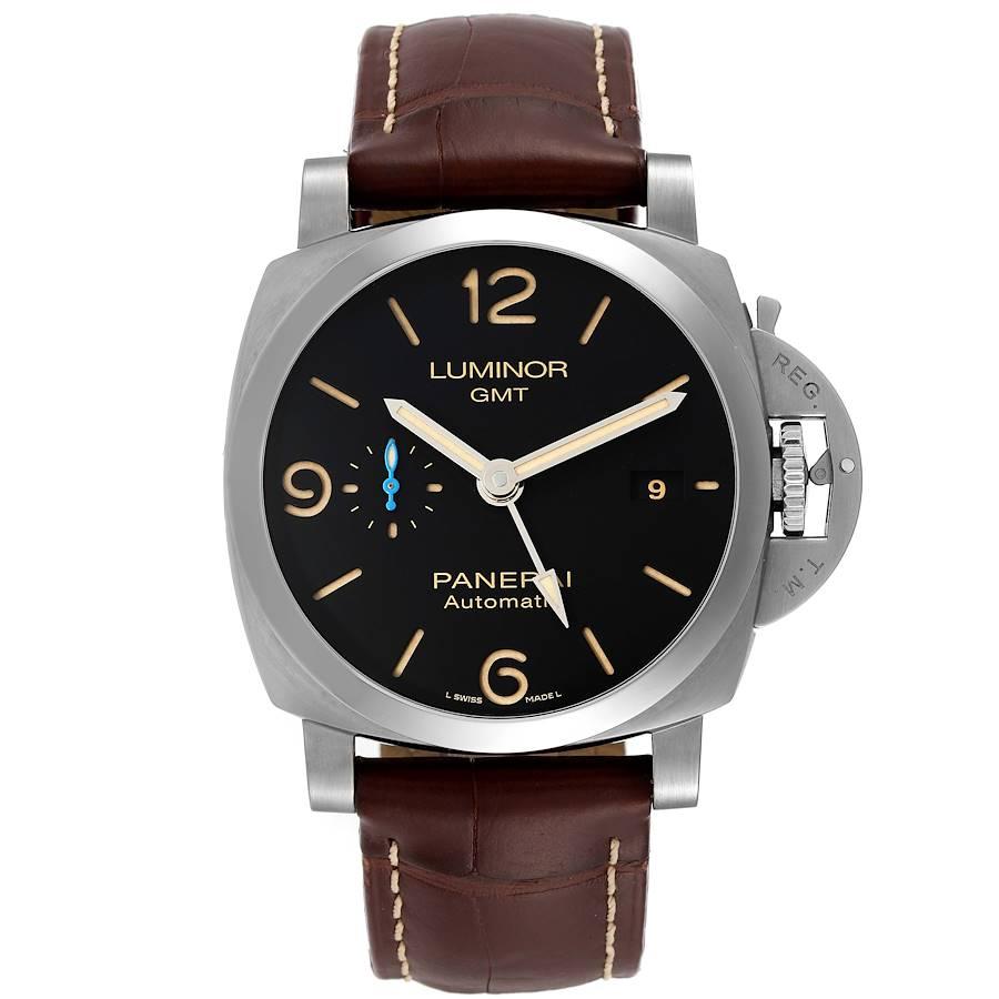 Panerai Luminor GMT 44mm Black Dial Steel Mens Watch PAM01320 Box Papers. Automatic self-winding movement. Two part cushion shaped stainless steel case 44.0 mm in diameter. Exhibition transperant case back. Polished Panerai patented crown protector.