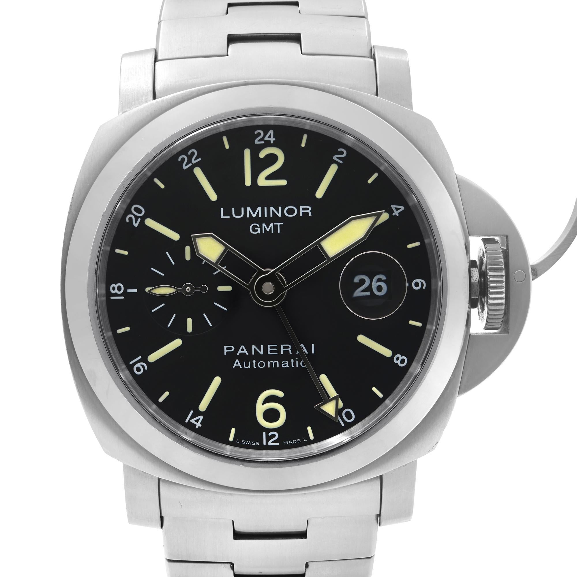 Pre Owned Panerai Luminor GMT Stainless Steel Black Dial Automatic Men's Watch PAM00297. This Timepiece Features: Stainless Steel Case and Bracelet, Fixed Stainless Steel Bezel, Black Dial with Luminous Hands, and Index Hour Markers. Arabic Numerals