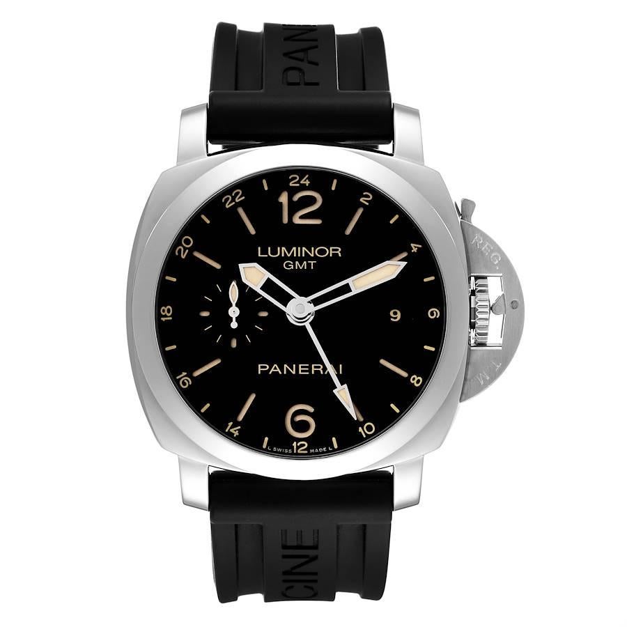 Panerai Luminor GMT 44mm Steel Mens Watch PAM00531 Box Papers. Automatic self-winding movement. Two part cushion shaped stainless steel case 44.0 mm in diameter. Panerai patented crown protector. Transparrent exhibition case back. Stainless steel