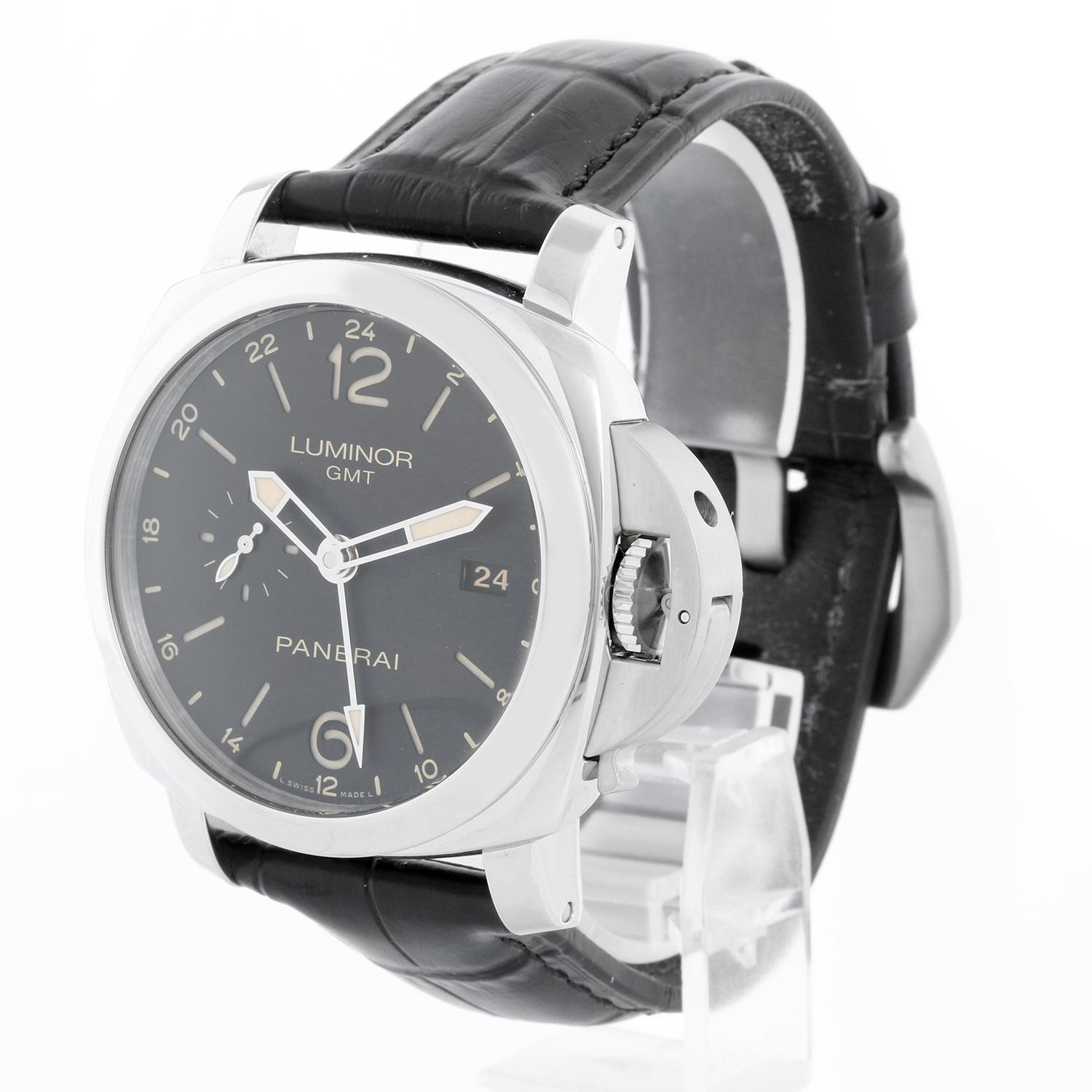 Panerai Luminor GMT 44mm Steel Mens Watch PAM00531 - Automatic. Stainless steel case ( 44 mm ). Black dial with luminous hands and index hour markers. Arabic numerals at 6 and 12. Small seconds sub-dial located at the 9 o'clock position, with