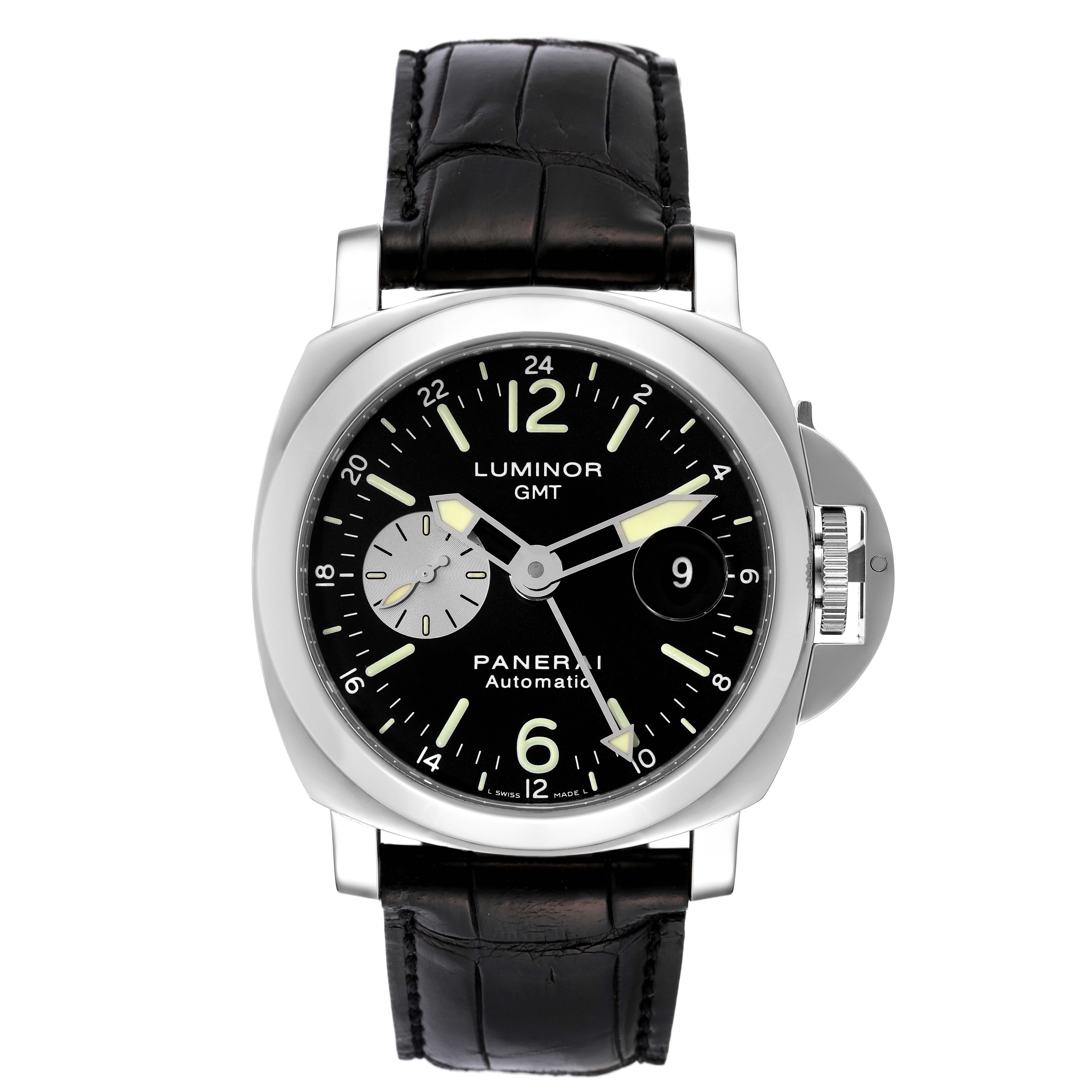 Panerai Luminor GMT Automatic Steel Mens Watch PAM00088 Box Card. Automatic self-winding movement. GMT function. Two part, polished and brushed cushion shaped stainless steel case 44.0 mm in diameter. Polished Panerai patented crown protector.
