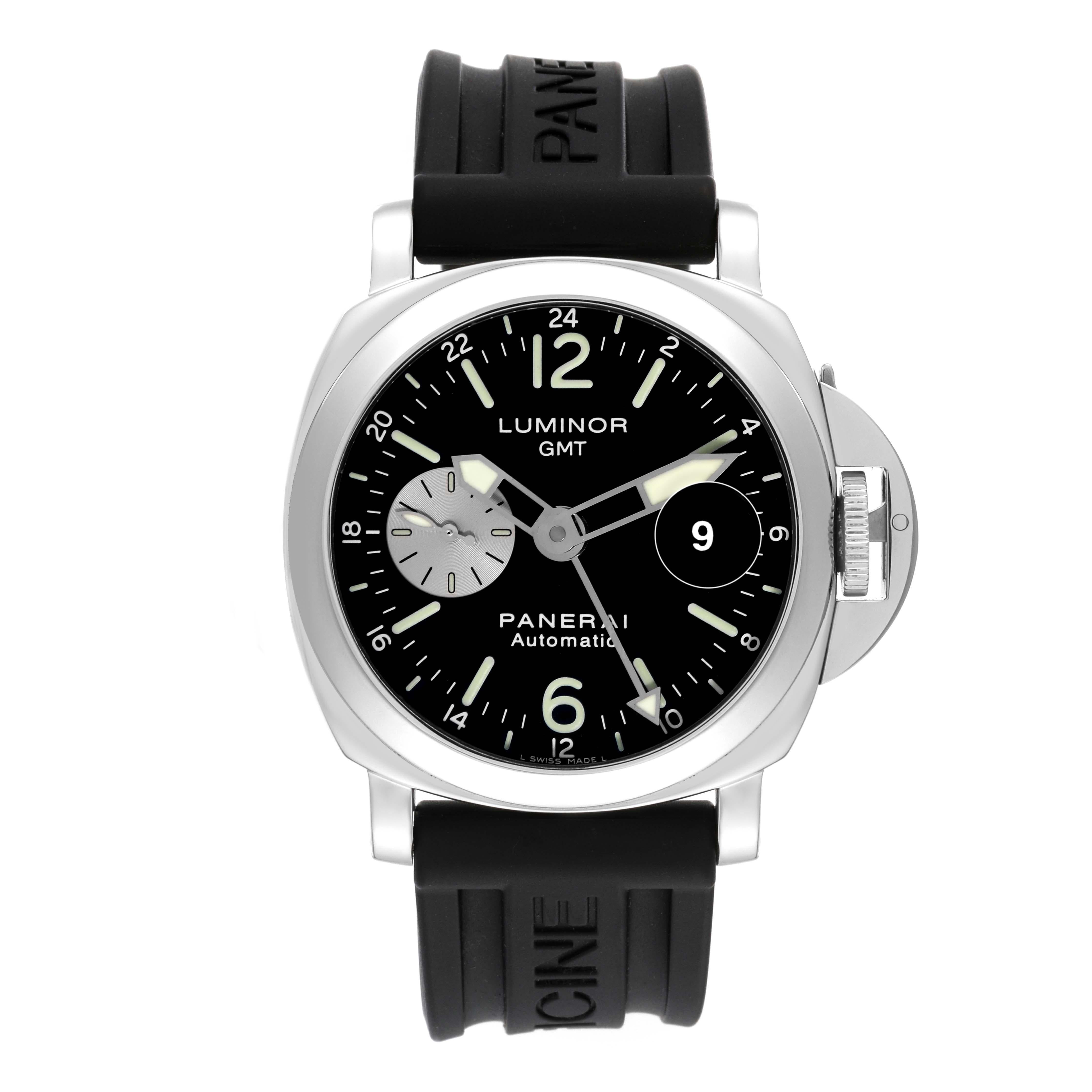 Panerai Luminor GMT Automatic Steel Mens Watch PAM00088 Box Papers. Automatic self-winding movement. GMT function. Two part, polished and brushed cushion shaped stainless steel case 44.0 mm in diameter. Polished Panerai patented crown protector.