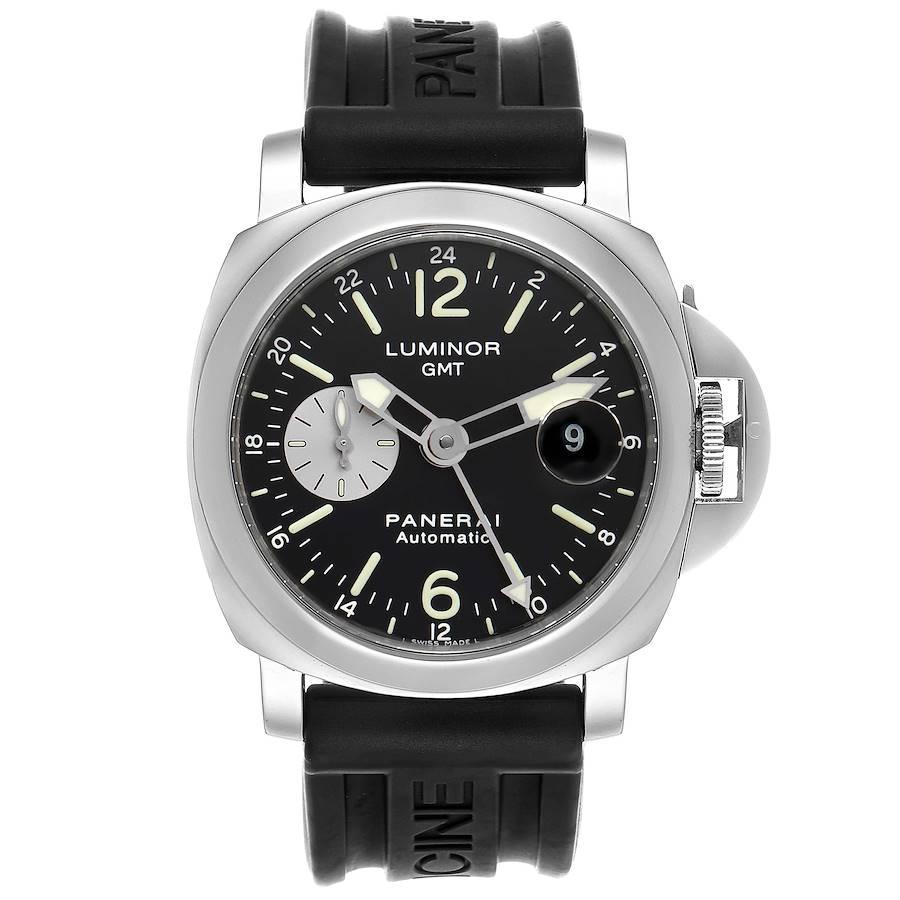 Panerai Luminor GMT Automatic Steel Mens Watch PAM00088. Automatic self-winding movement. GMT function. Two part, polished and brushed cushion shaped stainless steel case 44.0 mm in diameter. Polished Panerai patented crown protector. Stainless