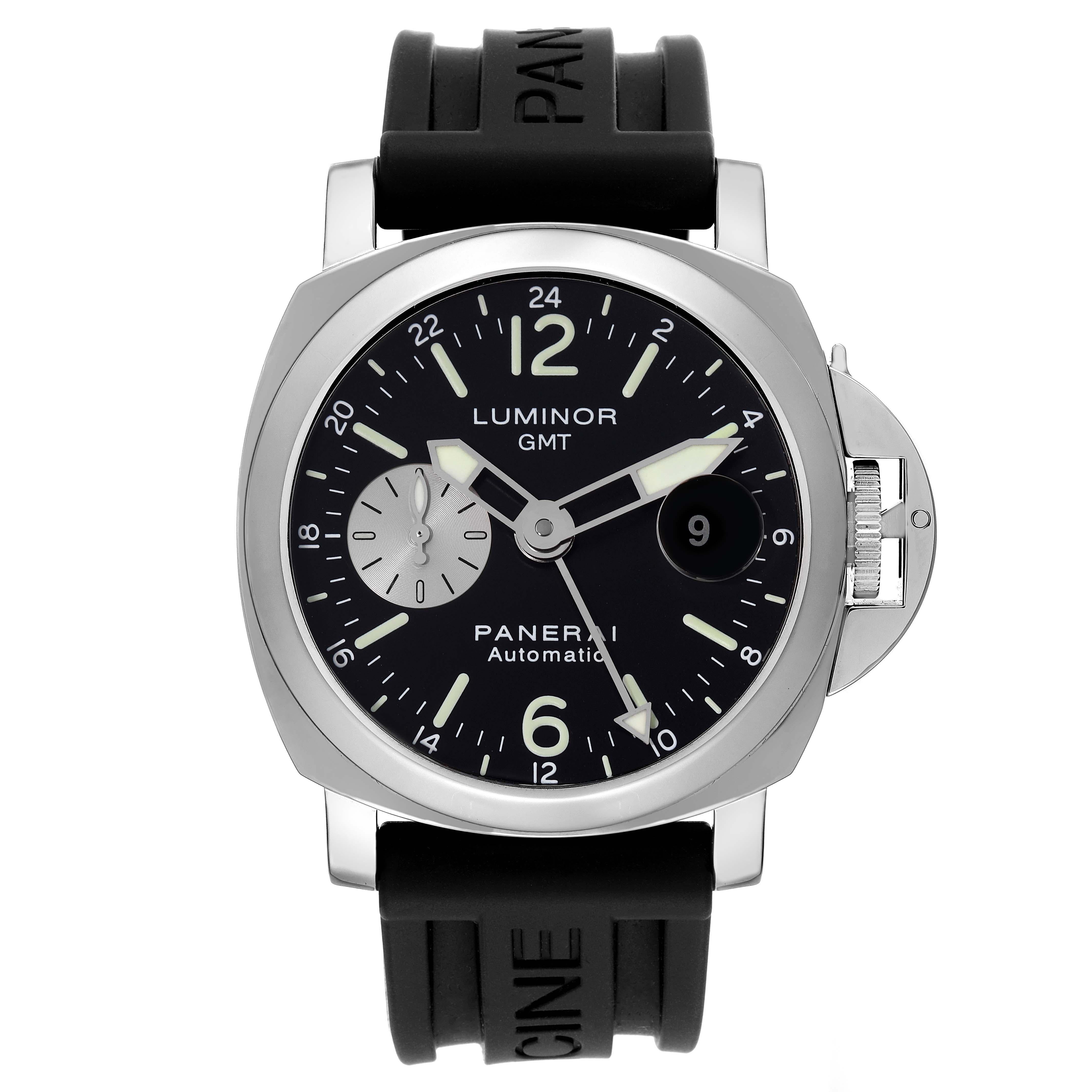 Panerai Luminor GMT Automatic Steel Mens Watch PAM00088. Automatic self-winding movement. GMT function. Two part, polished and brushed cushion shaped stainless steel case 44.0 mm in diameter. Polished Panerai patented crown protector. Stainless