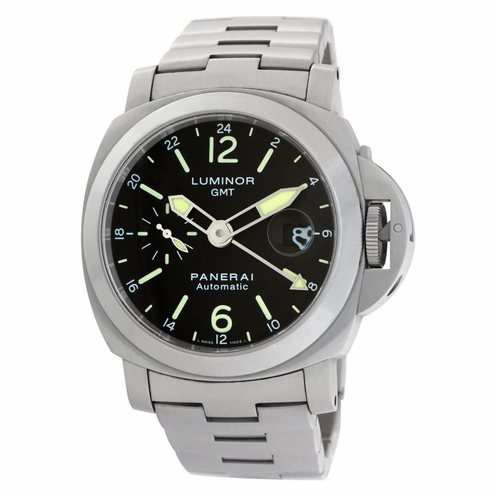 Panerai luminor GMT in stainless steel. Auto w/ subseconds, date and dual time. 44 mm case size. Ref PAM00297. Circa 2010s. Fine Pre-owned Panerai Watch. Certified preowned Sport Panerai luminor GMT PAM00297 watch is made out of Stainless steel on a