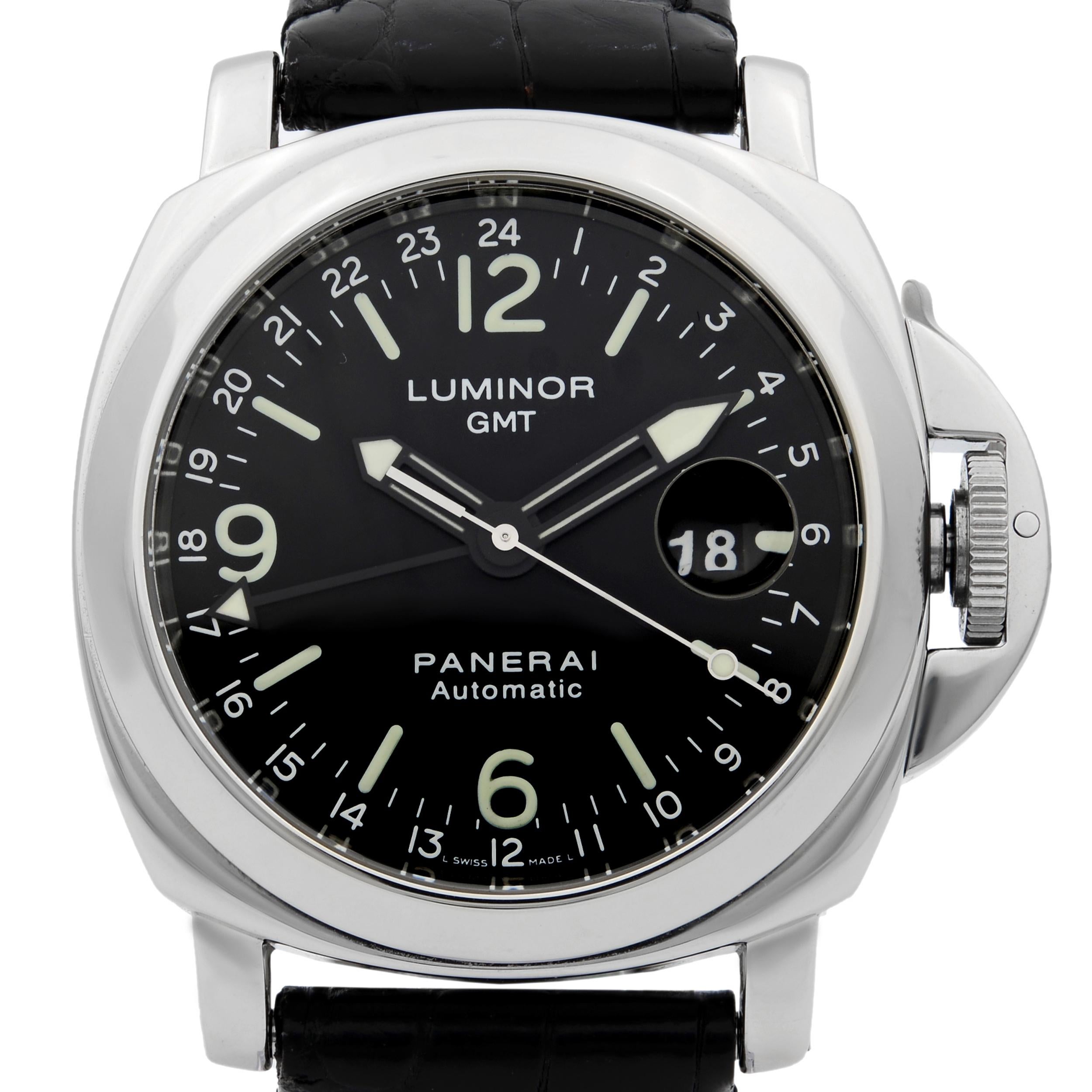 This pre-owned Panerai Luminor OP6524  is a beautiful men's timepiece that is powered by mechanical (automatic) movement which is cased in a stainless steel case. It has a round shape face, gmt, date indicator dial and has hand arabic numerals,