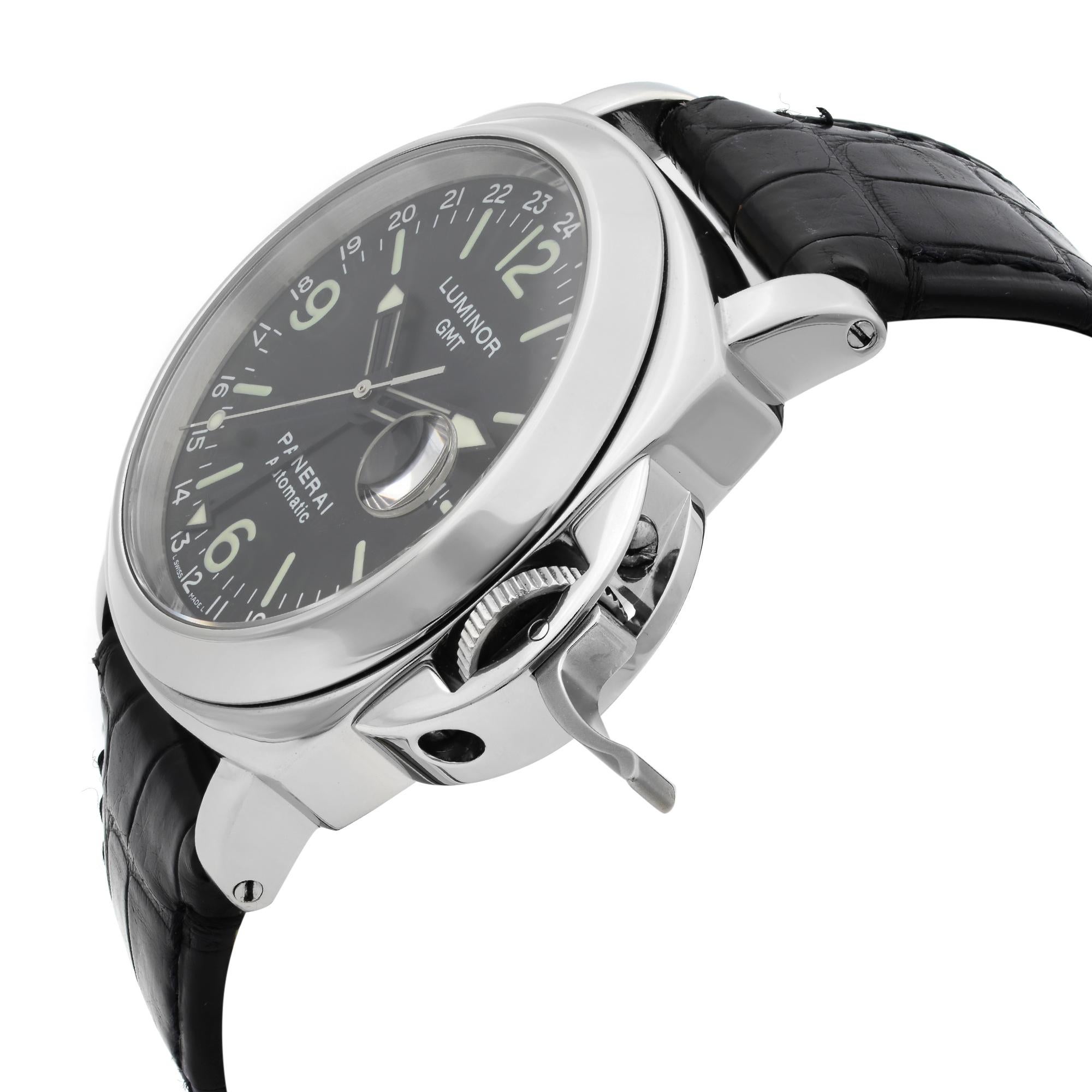 Panerai Luminor GMT Stainless Steel Black Dial Automatic Men's Watch PAM00063 In Good Condition In New York, NY