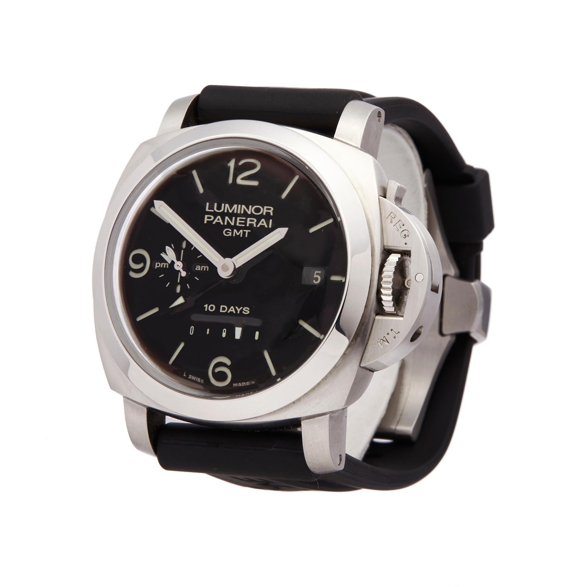 Reference: W5763
Manufacturer: Panerai
Model: Luminor GMT
Model Reference: PAM00270
Age: Circa 2000's
Gender: Men's
Box and Papers: Box, Manuals and Guarantee
Dial: Black Arabic
Glass: Sapphire Crystal
Movement: Automatic
Water Resistance: To