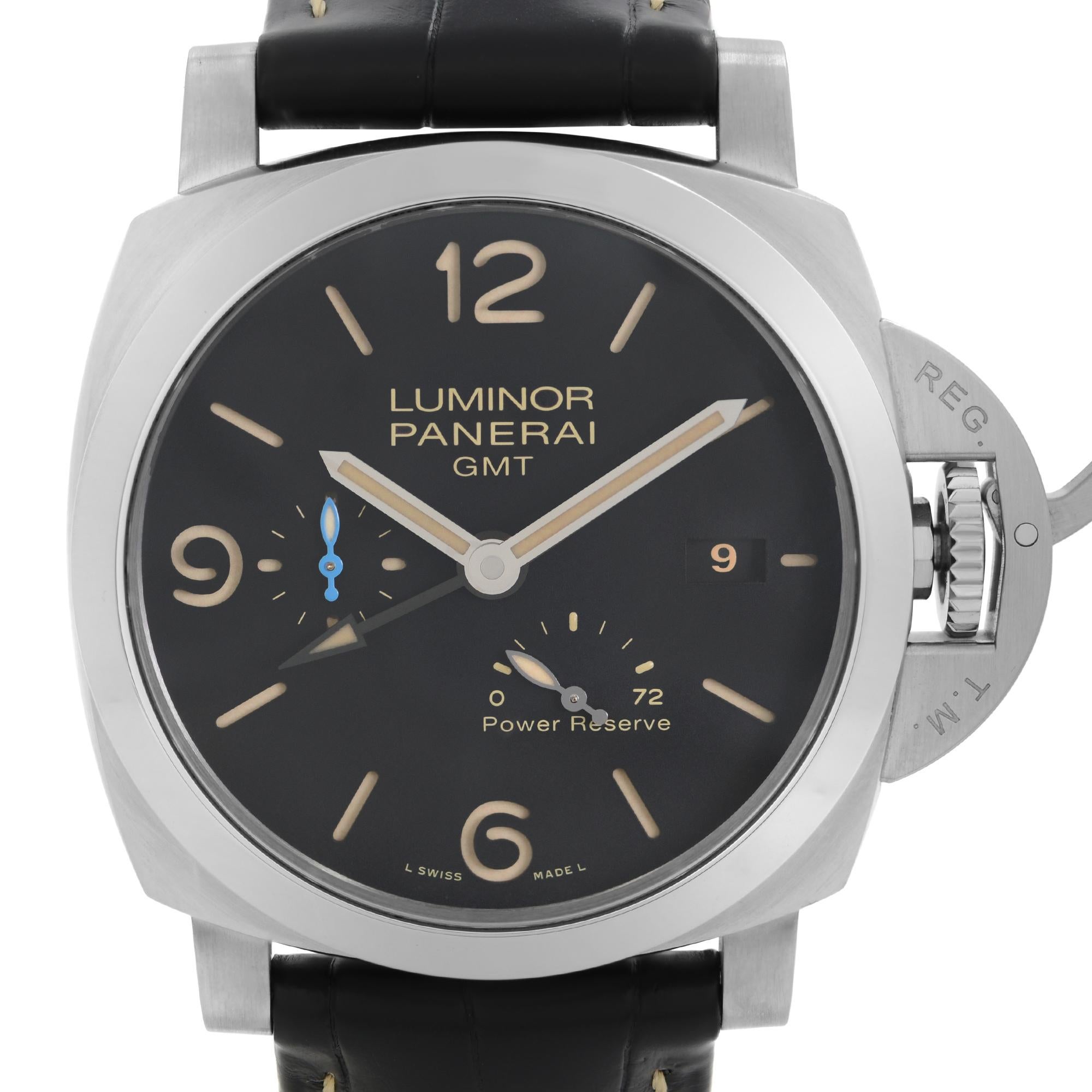 Display Model Panerai Luminor GMT Steel Black Dial Leather Strap Automatic Mens Watch PAM01321. Sandwich Dial, This Beautiful Timepiece is Powered By Mechanical (Automatic) Movement and Features: Stainless Steel Case with Black Leather Strap, Fixed