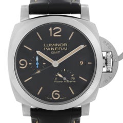 Panerai Luminor GMT Steel Black Dial Leather Strap Automatic Mens Watch PAM01321