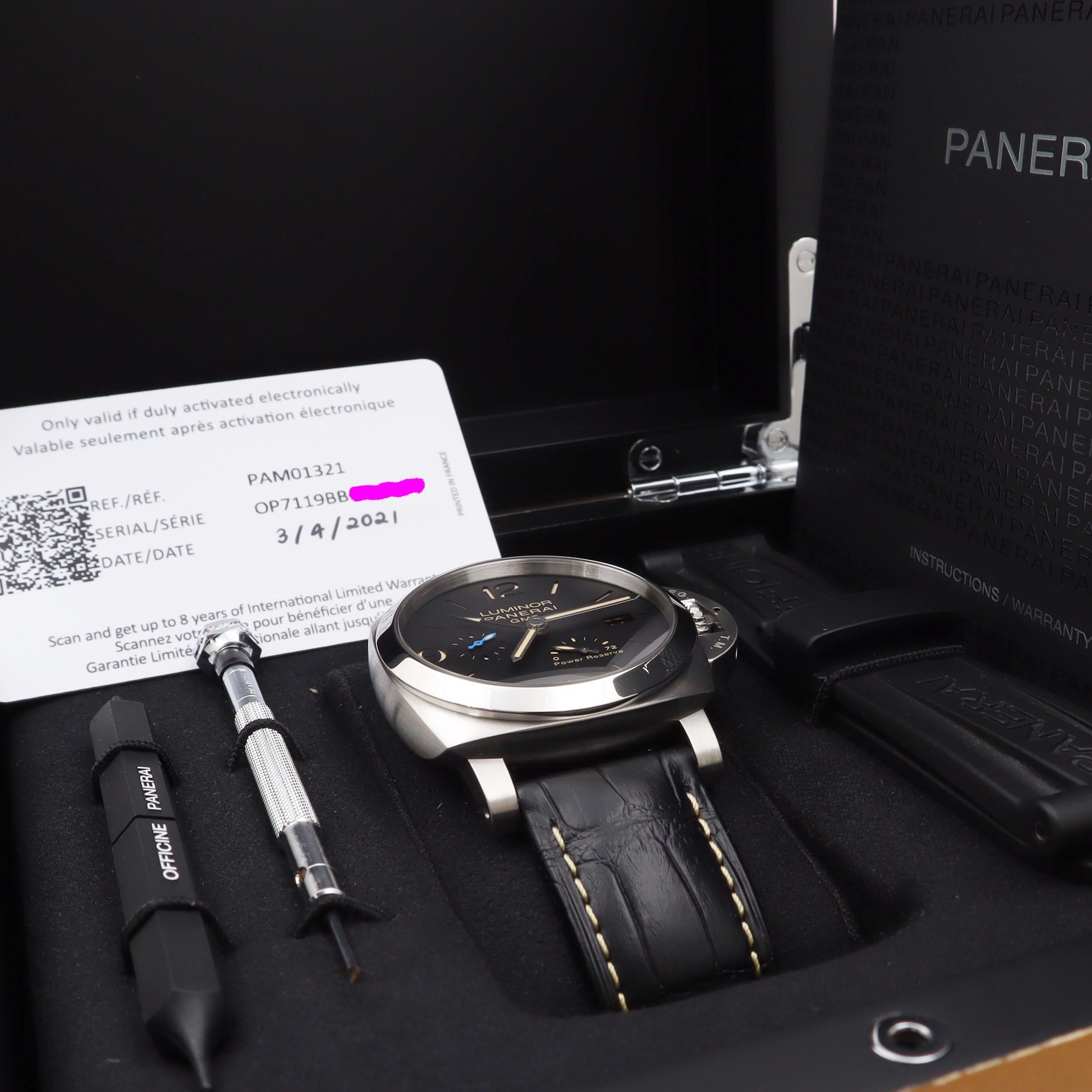 Panerai Luminor GMT Steel Black Dial Leather Strap Automatic Mens Watch PAM01321 In New Condition In New York, NY