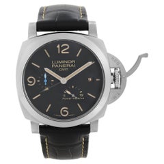 Panerai Luminor GMT Steel Black Dial Leather Strap Automatic Mens Watch PAM01321