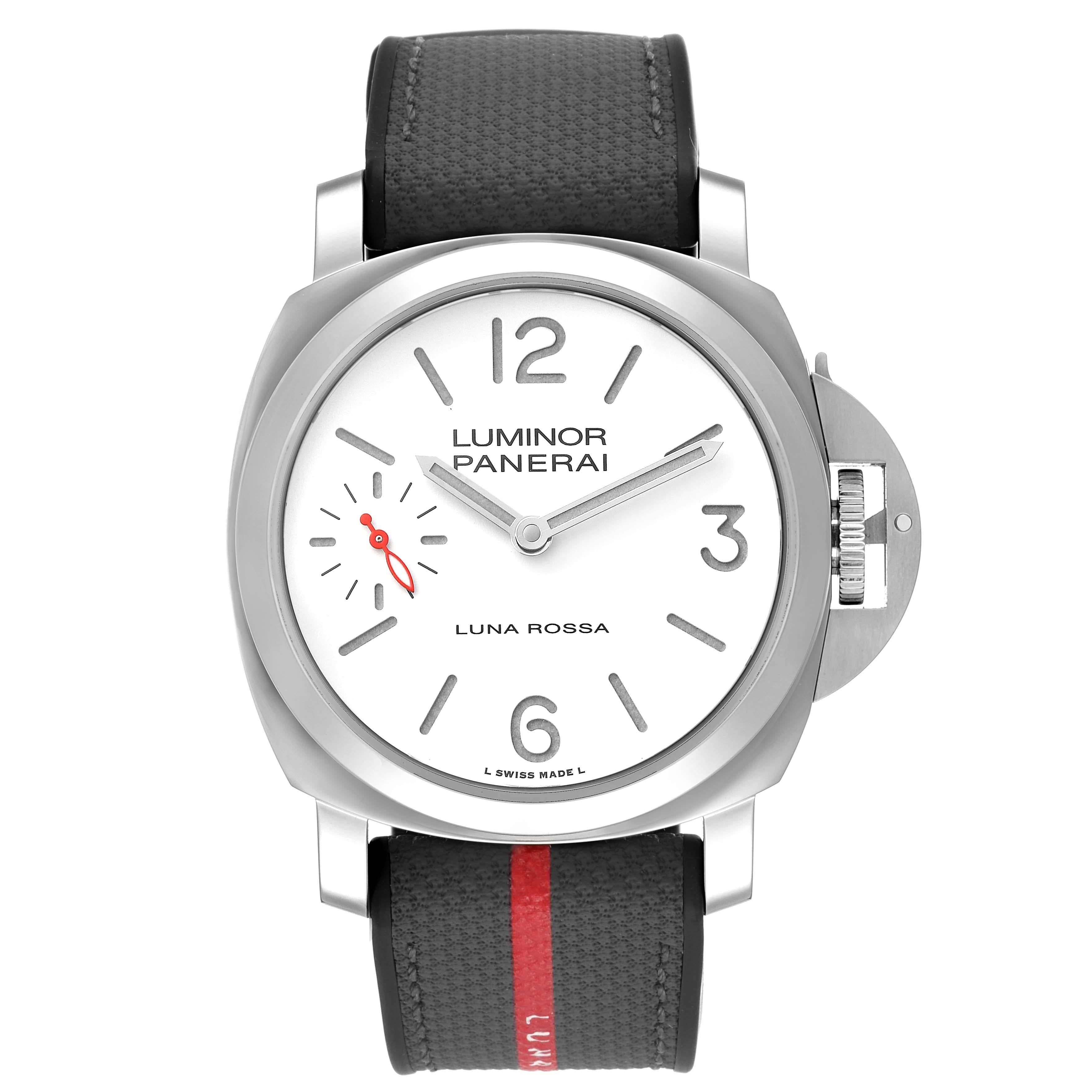 Panerai Luminor Luna Rossa 44mm White Dial Mens Watch PAM01342 Unworn. Manual-winding movement. Two part cushion shaped stainless steel case 44 mm in diameter.  Panerai patented crown protector. Polished stainless steel sloped bezel. Scratch