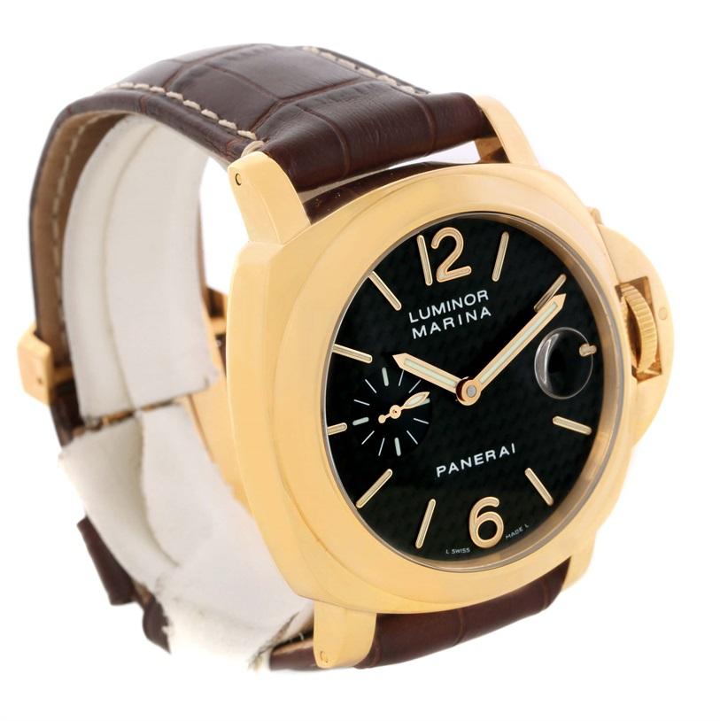 Panerai Luminor Marina 44mm 18K Yellow Gold Watch PAM140 PAM00140. Automatic self-winding movement. Two part 18K yellow gold cushion shaped case 44.0 mm in diameter. Panerai patented crown protector. Scratch resistant sapphire crystal. Polished 18K