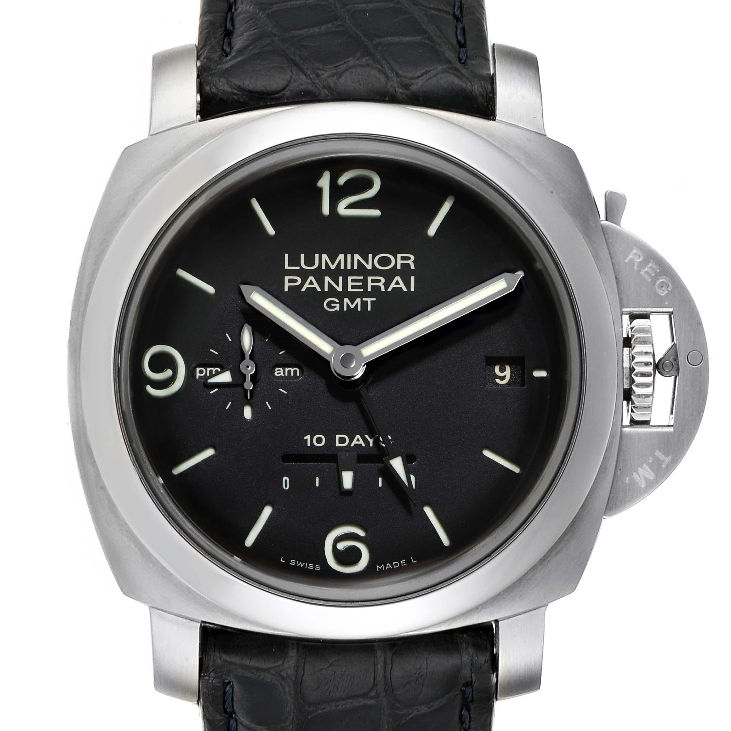 Panerai Luminor Marina 1950 10 Days GMT 44mm Watch PAM00270 Box Papers. Automatic self-winding movement. Two part cushion shaped stainless steel case 44.0 mm in diameter. Panerai patented crown protector. Transparrent case back. Polished stainless