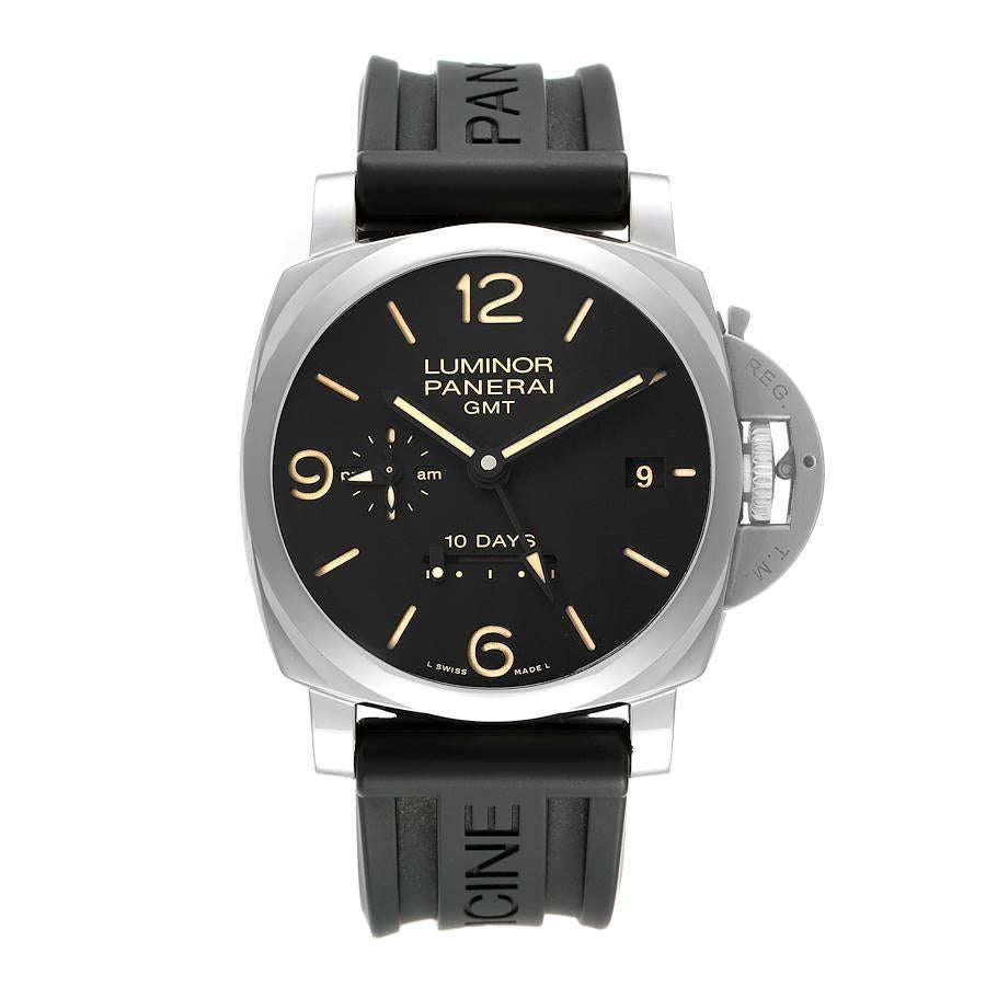 Panerai Luminor Marina 1950 10 Days GMT 44mm Watch PAM00533 Box Papers. Automatic self-winding movement. Two part cushion shaped stainless steel case 44.0 mm in diameter. Panerai patented crown protector. Transparent case back. Polished stainless