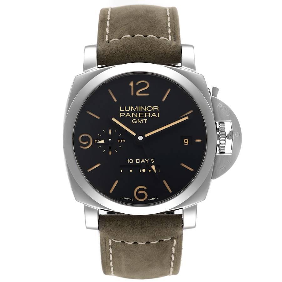 Panerai Luminor Marina 1950 10 Days GMT 44mm Watch PAM00533 Box Papers. Automatic self-winding movement. Two part cushion shaped stainless steel case 44.0 mm in diameter. Panerai patented crown protector. Transparent case back. Polished stainless