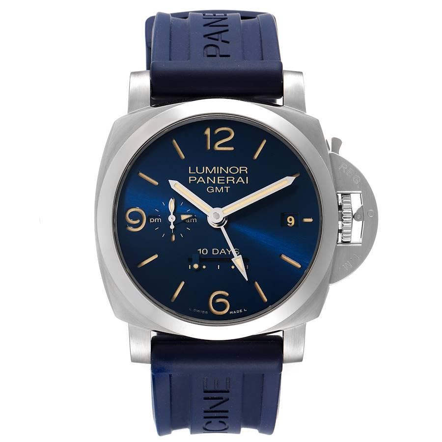 Panerai Luminor Marina 1950 10 Days GMT 44mm Watch PAM00986 Box Papers. Automatic self-winding movement. Two part cushion shaped stainless steel case 44.0 mm in diameter. Panerai patented crown protector. Transparent case back. Polished stainless