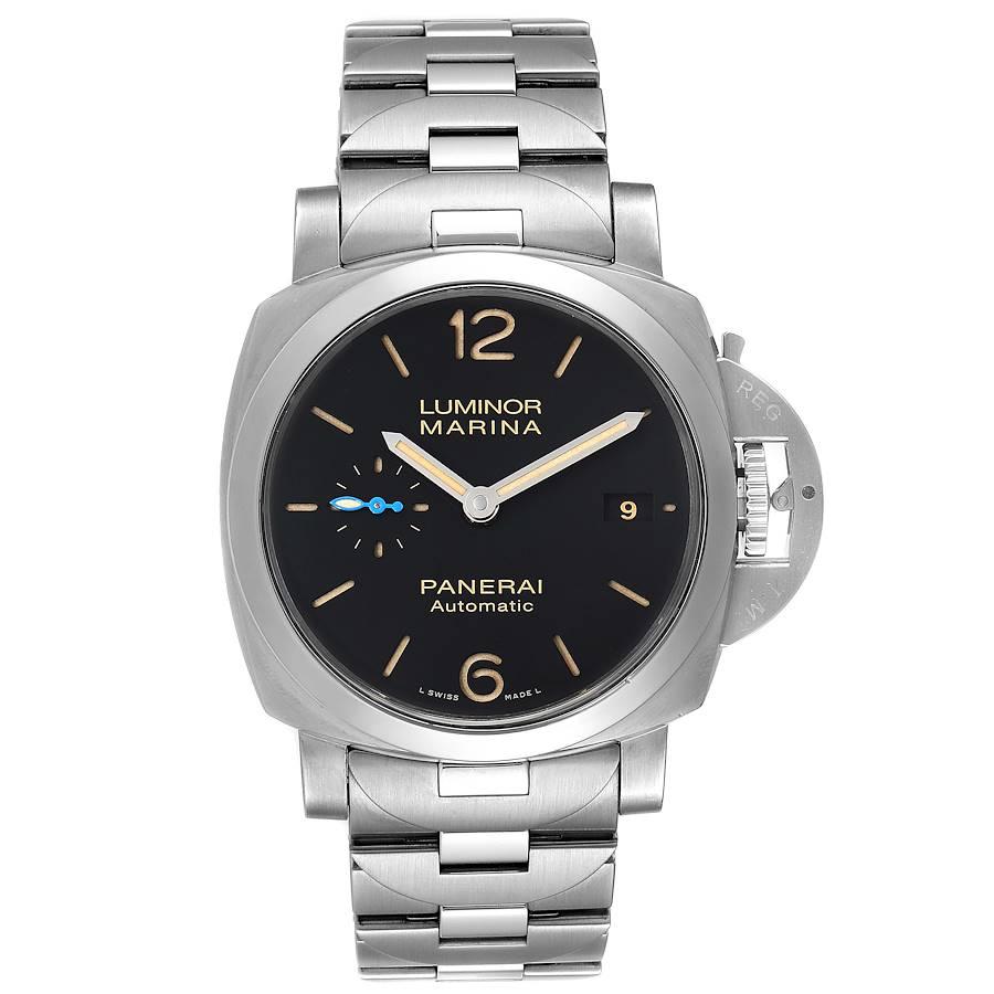 Panerai Luminor Marina 1950 3 Days 42mm Steel Watch PAM00722 Box Papers. Automatic self-winding movement. Two part cushion shaped steel case 42.0 mm in diameter. Exhibition case back. Panerai patented crown protector. Stainless steel sloped bezel.