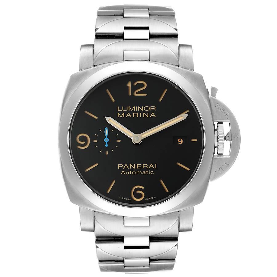 Panerai Luminor Marina 1950 3 Days 44mm Steel Mens Watch PAM00723 Box Papers. Automatic self-winding movement. Two part cushion shaped steel case 44.0 mm in diameter. Exhibition case back. Panerai patented crown protector. Stainless steel sloped