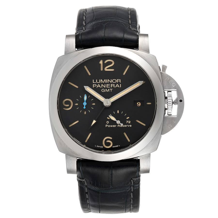 Panerai Luminor Marina 1950 3 Days GMT Mens Watch PAM01321 Box Papers. Automatic self-winding movement. Two part cushion shaped stainless steel case 44.0 mm in diameter. Panerai patented crown protector. Transparrent exhibition sapphire crystal case
