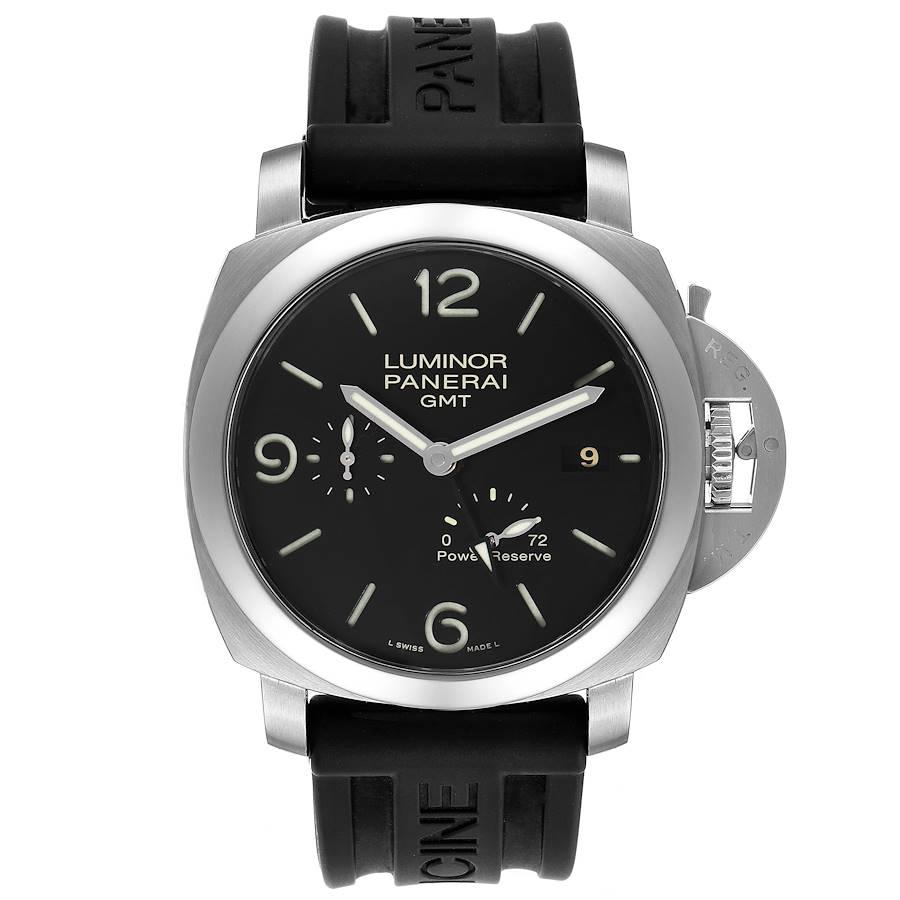 Panerai Luminor Marina 1950 3 Days GMT Mens Watch PAM321 PAM00321. Automatic self-winding movement. Two part cushion shaped stainless steel case 44.0 mm in diameter. Panerai patented crown protector. Transparrent case back. Polished stainless steel