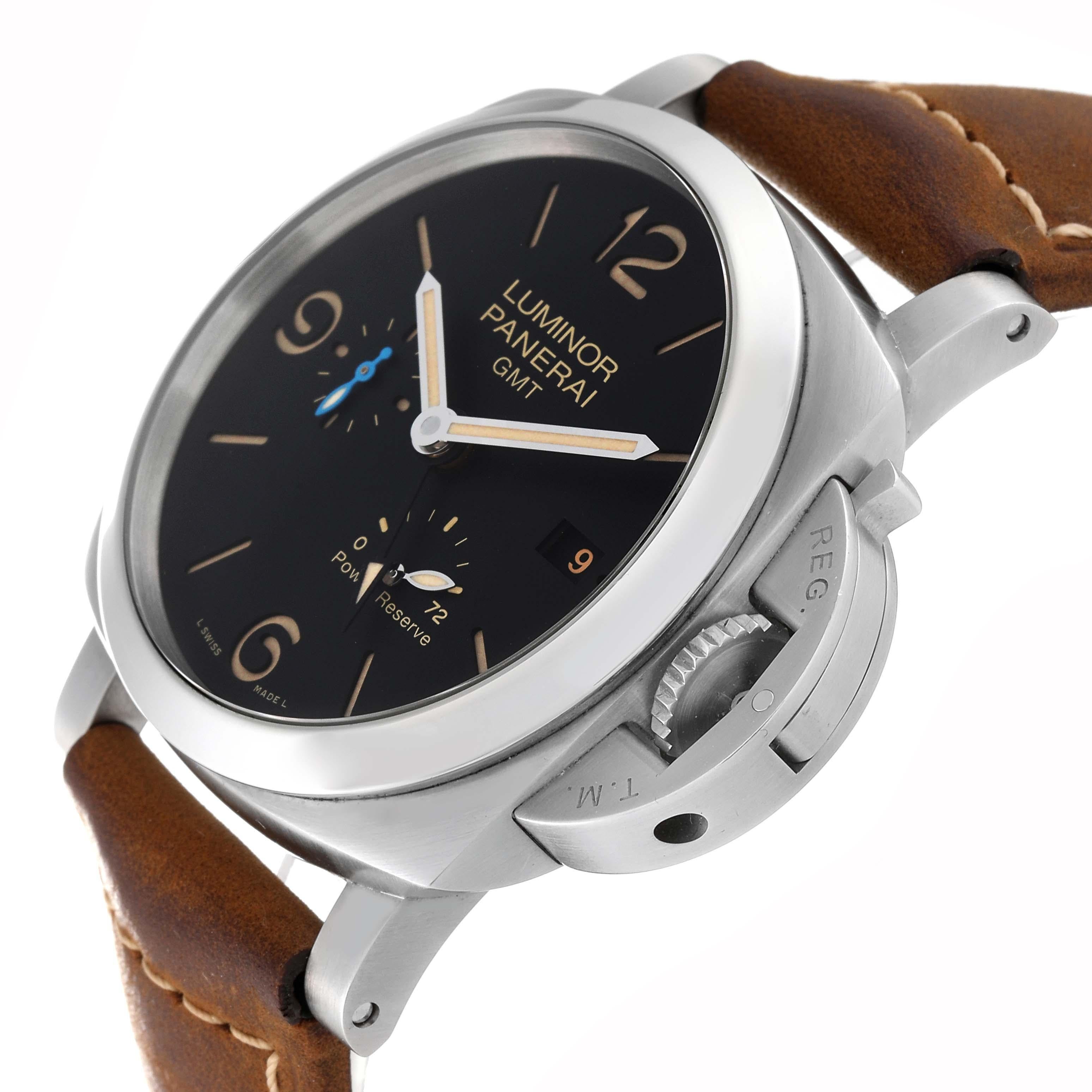 Panerai Luminor Marina 1950 3 Days GMT Steel Mens Watch PAM01321 Box Card. Automatic self-winding movement. Two part cushion shaped stainless steel case 44.0 mm in diameter. Panerai patented crown protector. Transparent exhibition sapphire crystal