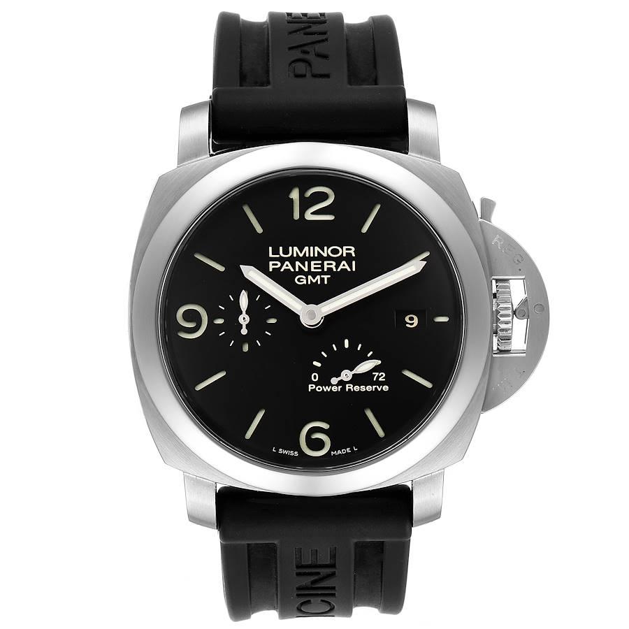 Panerai Luminor Marina 1950 3 Days GMT Watch PAM321 PAM00321 Box Papers. Automatic self-winding movement. Two part cushion shaped stainless steel case 44.0 mm in diameter. Panerai patented crown protector. Transparrent case back. Polished stainless