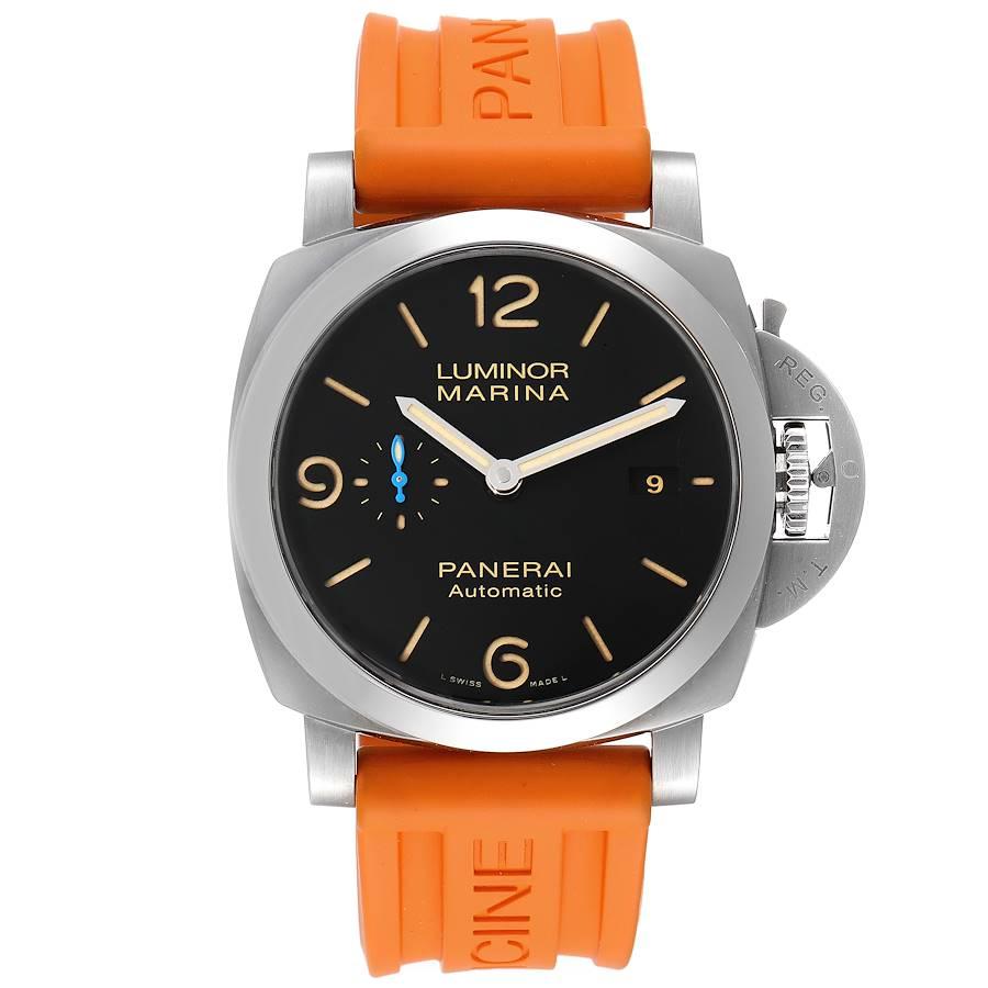 Panerai Luminor Marina 1950 3 Days Steel Mens Watch PAM01312 Box Card. Automatic self-winding movement. Two part cushion shaped stainless steel case 44.0 mm in diameter. Panerai patented crown protector. Transparent exhibition case back. Polished