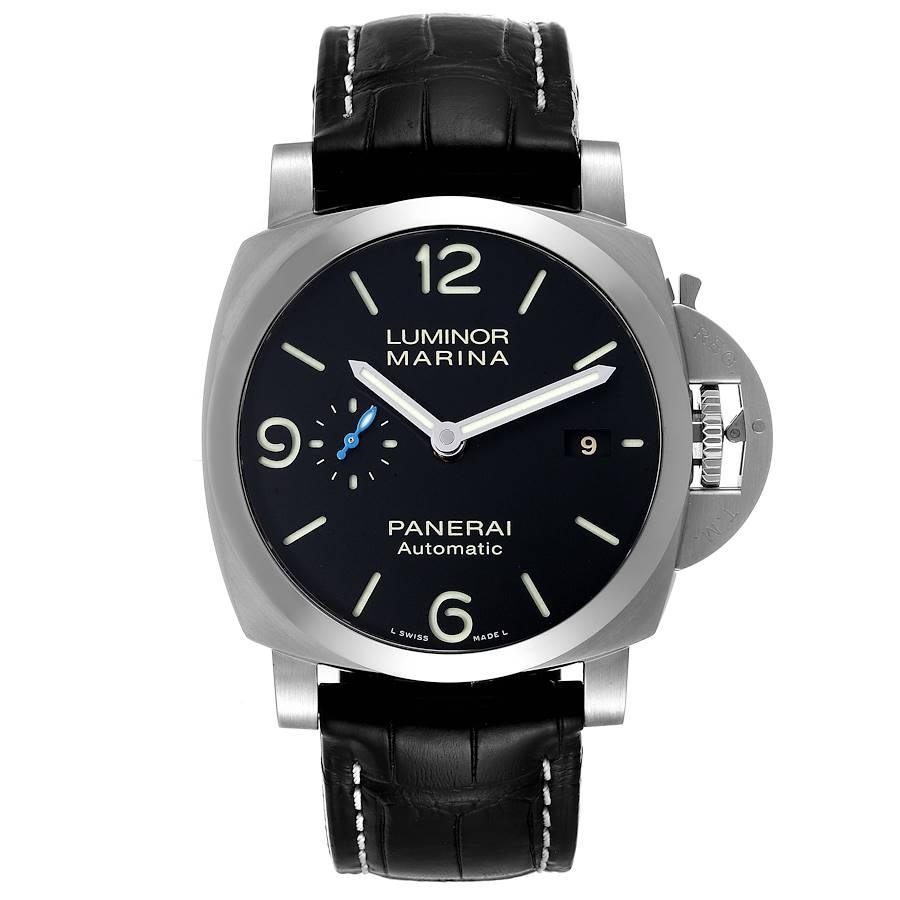 Panerai Luminor Marina 1950 3 Days Steel Mens Watch PAM01312 Box Card. Automatic self-winding movement. Two part cushion shaped stainless steel case 44.0 mm in diameter. Panerai patented crown protector. Transparent exhibition case back. Polished