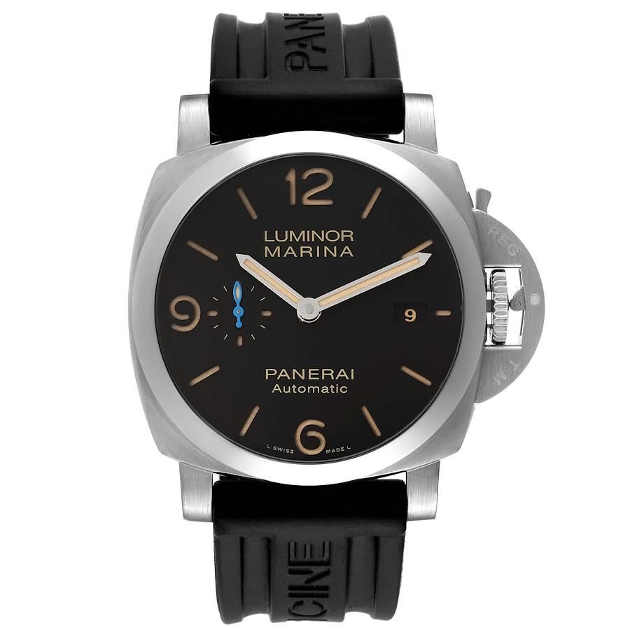 Panerai Luminor Marina 1950 3 Days Steel Mens Watch PAM01312 Box Papers. Automatic self-winding movement. Two part cushion shaped stainless steel case 44.0 mm in diameter. Panerai patented crown protector. Transparent exhibition case back. Polished