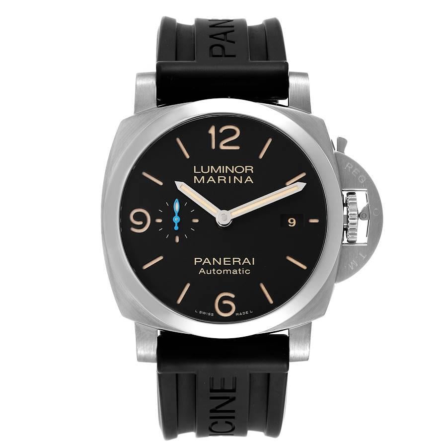 Panerai Luminor Marina 1950 3 Days Steel Mens Watch PAM01312 Box Papers. Automatic self-winding movement. Two part cushion shaped stainless steel case 44.0 mm in diameter. Panerai patented crown protector. transparent exhibition case back. Polished