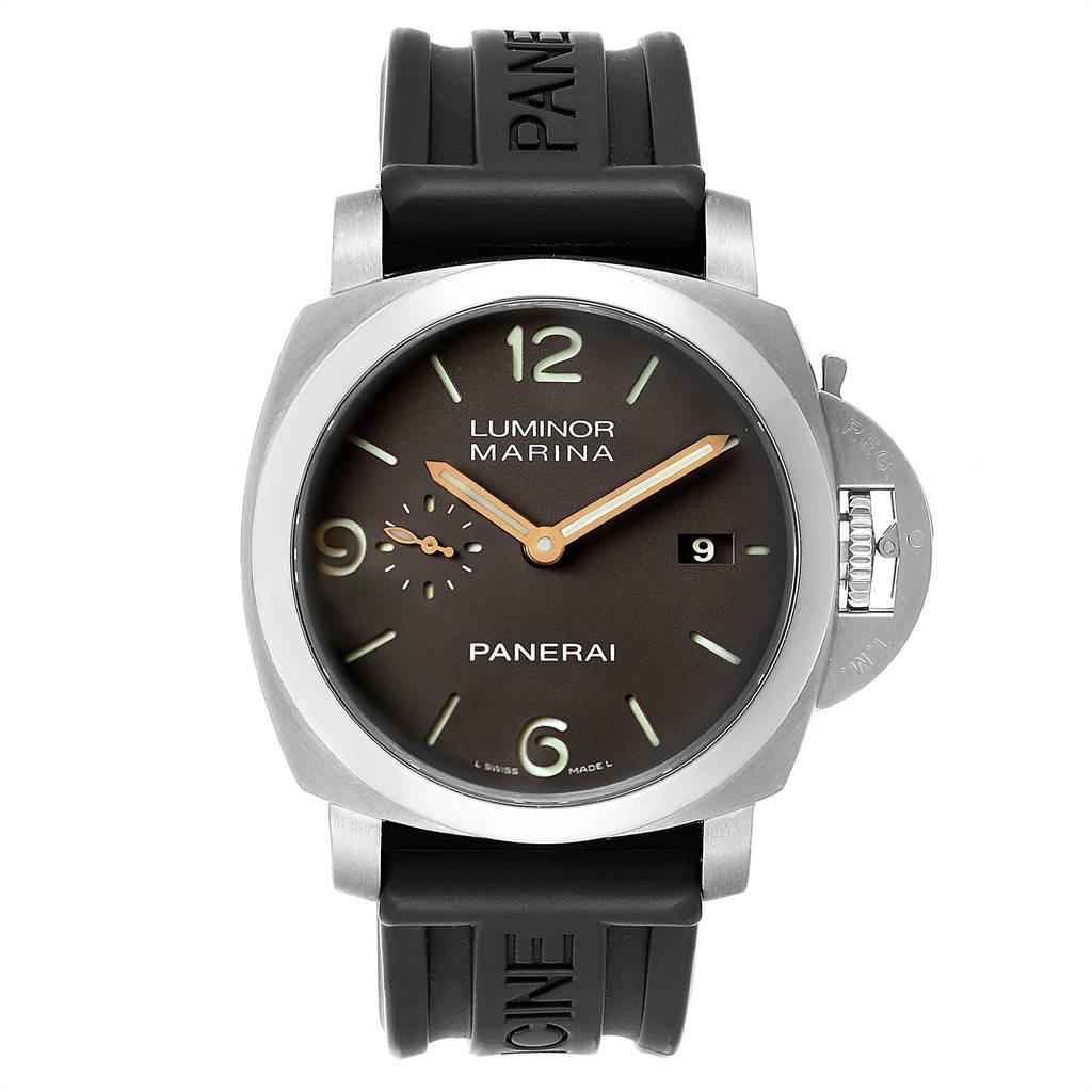 Panerai Luminor Marina 1950 3 Days Titanium 44mm Watch PAM00351. Automatic self-winding movement. Two part cushion shaped titanium case 44.0 mm in diameter. Exhibition case back. Panerai patented crown protector. Titanium sloped polished bezel.