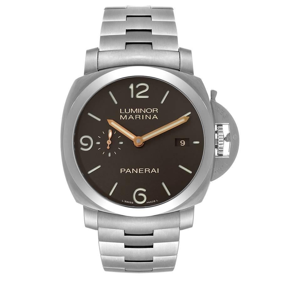 Panerai Luminor Marina 1950 3 Days Titanium Mens Watch PAM00352 Box Papers. Automatic self-winding movement. Two part cushion shaped titanium case 44.0 mm in diameter. Exhibition case back. Panerai patented crown protector. Titanium sloped polished