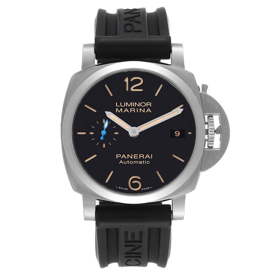 Panerai Luminor Marina 1950 42mm Black Dial Steel Mens Watch PAM01392. Automatic self-winding movement. Two part cushion shaped stainless steel case 42.0 mm in diameter. Panerai patented crown protector. Transparent exhibition case back. Polished