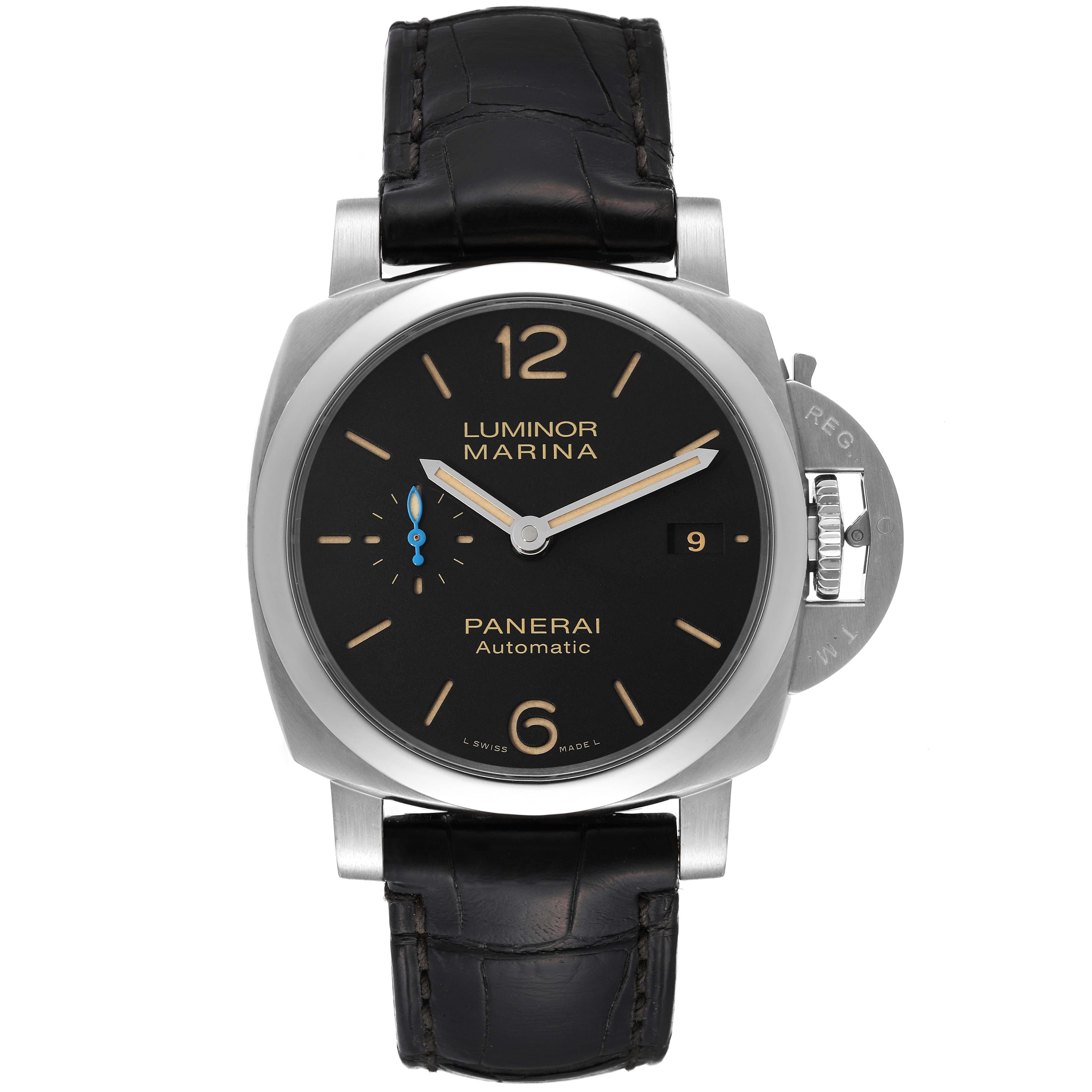 Panerai Luminor Marina 1950 42mm Black Dial Steel Mens Watch PAM01392. Automatic self-winding movement. Two part cushion shaped stainless steel case 42.0 mm in diameter. Panerai patented crown protector. Transparent exhibition sapphire crystal case