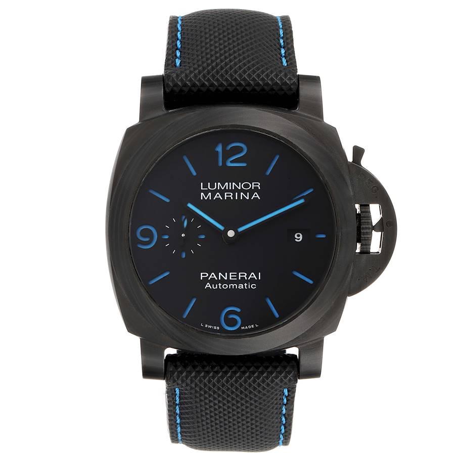 Panerai Luminor Marina 1950 44 Carbotech Mens Watch PAM01661 Box Card. Automatic self-winding movement. Two part cushion shaped carbotech case 44.0 mm in diameter. Carboteck sloped bezel. Scratch resistant sapphire crystal. Black dial with luminous