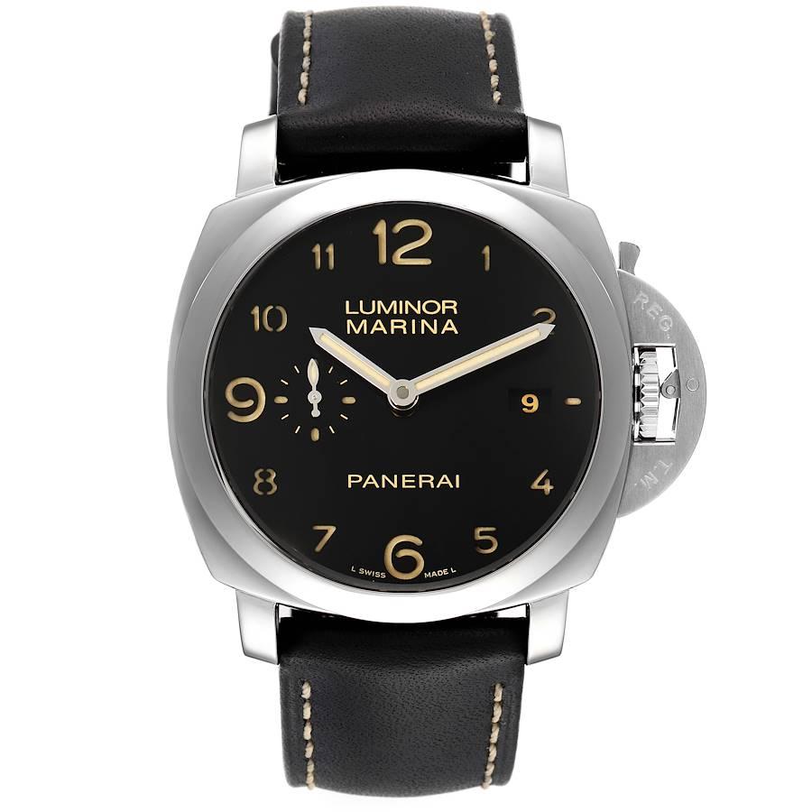 Panerai Luminor Marina 1950 44mm Steel Mens Watch PAM00359 Box Papers. Automatic self-winding movement. Two part cushion shaped stainless steel case 44.0 mm in diameter. Panerai patented crown protector. Transparrent case back. Polished stainless
