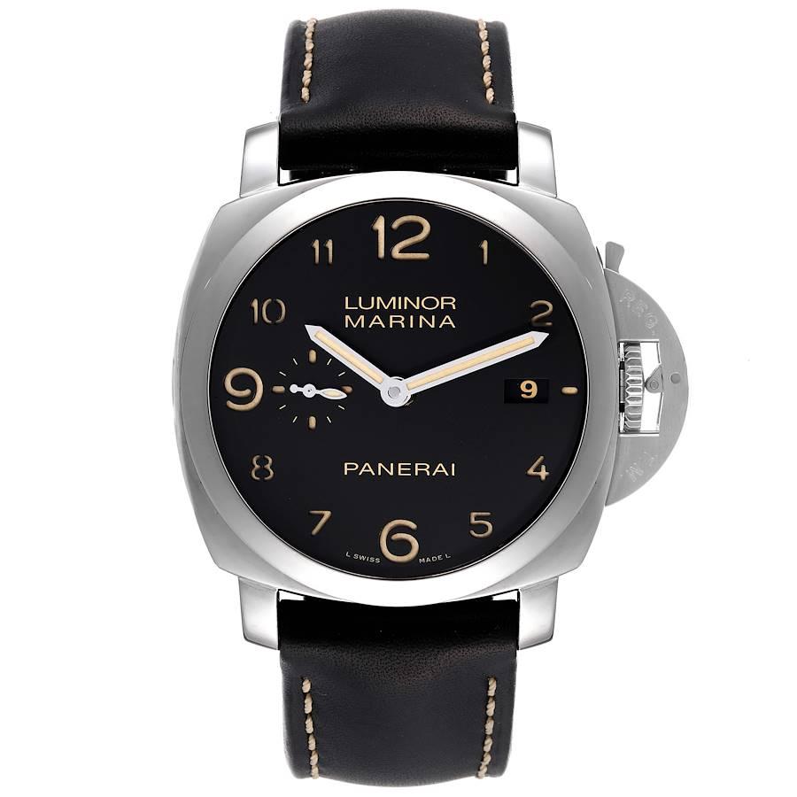 Panerai Luminor Marina 1950 44mm Steel Mens Watch PAM00359 Box Papers. Automatic self-winding movement. Two part cushion shaped stainless steel case 44.0 mm in diameter. Panerai patented crown protector. Transparent case back. Polished stainless