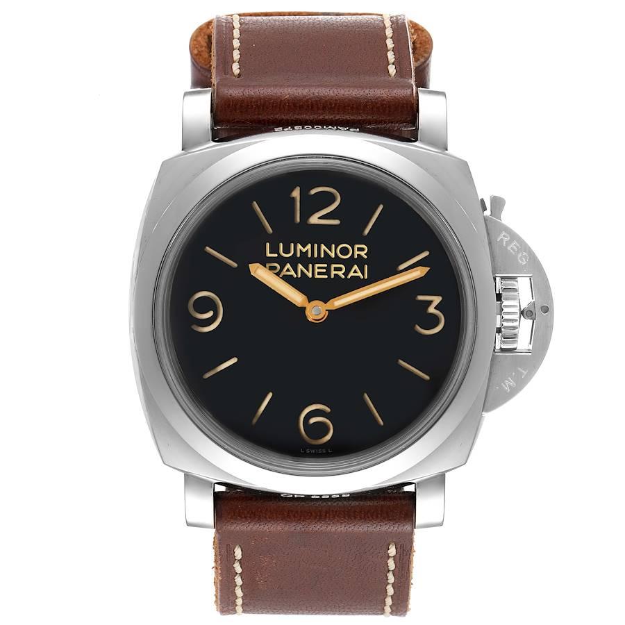 Panerai Luminor Marina 1950 47mm Steel Mens Watch PAM00372 Box Papers. Manual-winding movement. Two part cushion shaped stainless steel case 47 mm in diameter. Exhibition case back. Brushed Panerai patented crown protector. Polished stainless steel